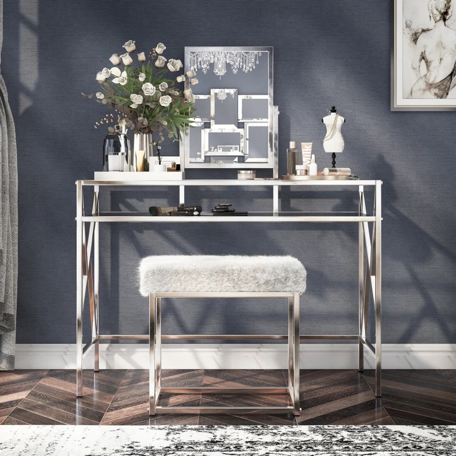 3-Piece Makeup Vanity Set with Mirror & Bench - image-1