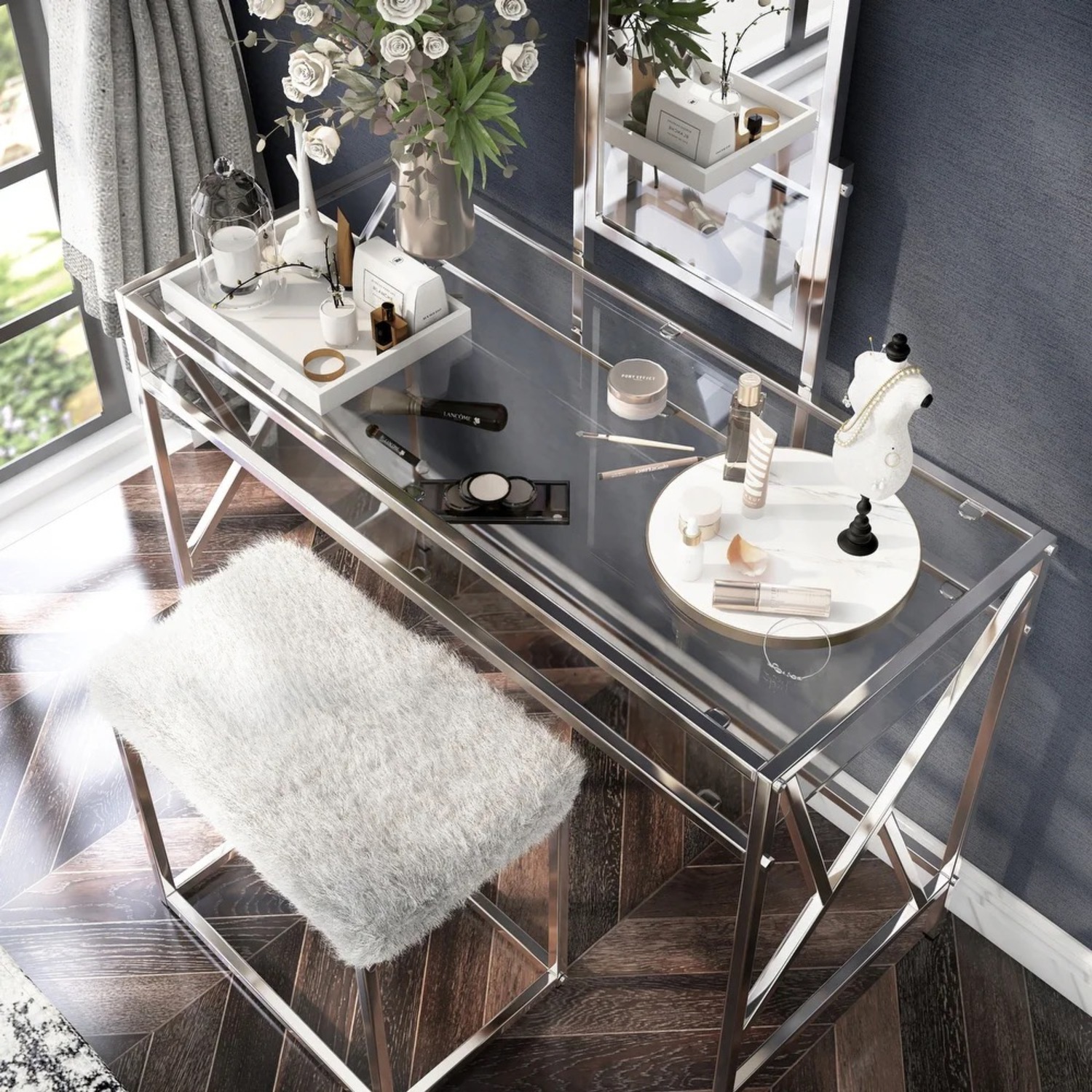 3-Piece Makeup Vanity Set with Mirror & Bench - image-3