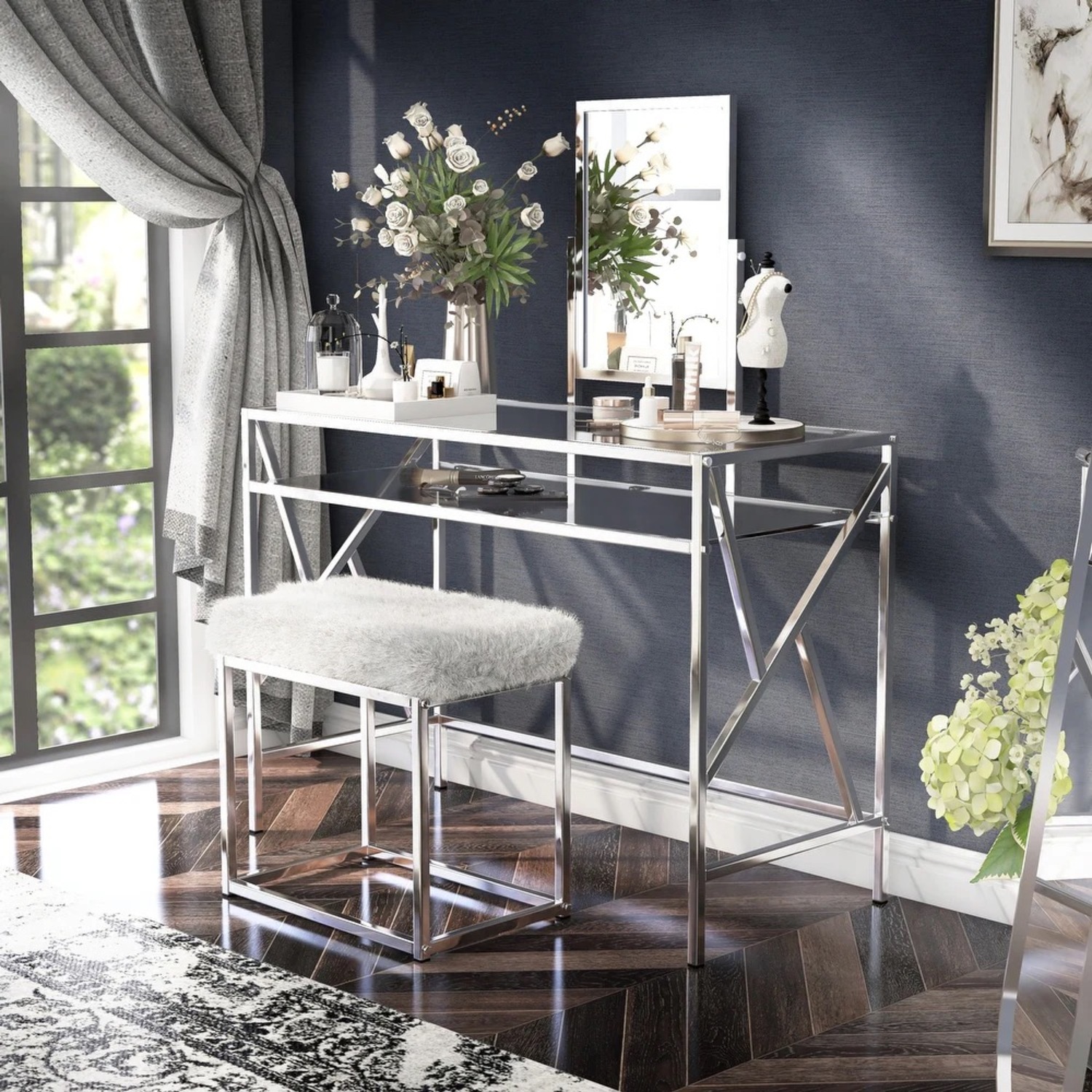 3-Piece Makeup Vanity Set with Mirror & Bench - image-2