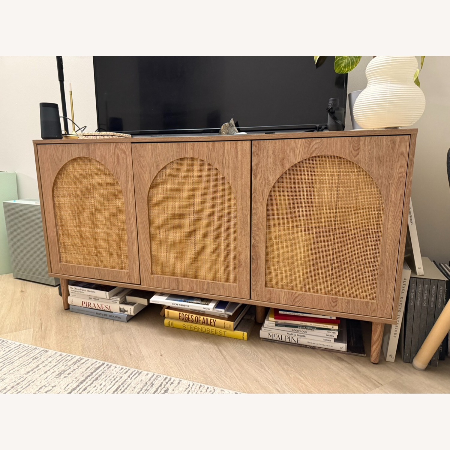 Wood TV Stand With Bamboo Screen Door - image-1