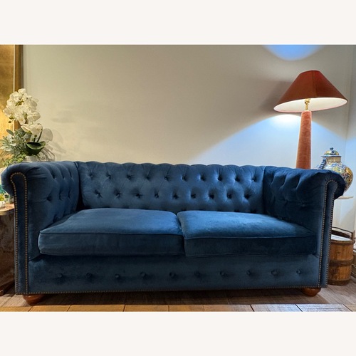 Used Anthropologie Chesterfield Lyre Blue Velvet Sofa for sale on AptDeco