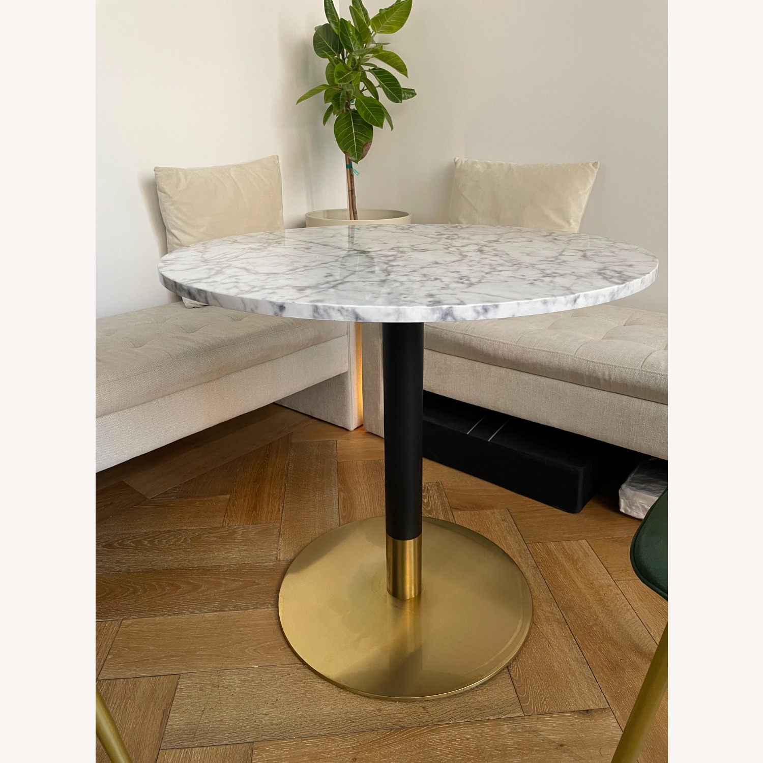 White Faux Marble Table with Brass Base - image-1