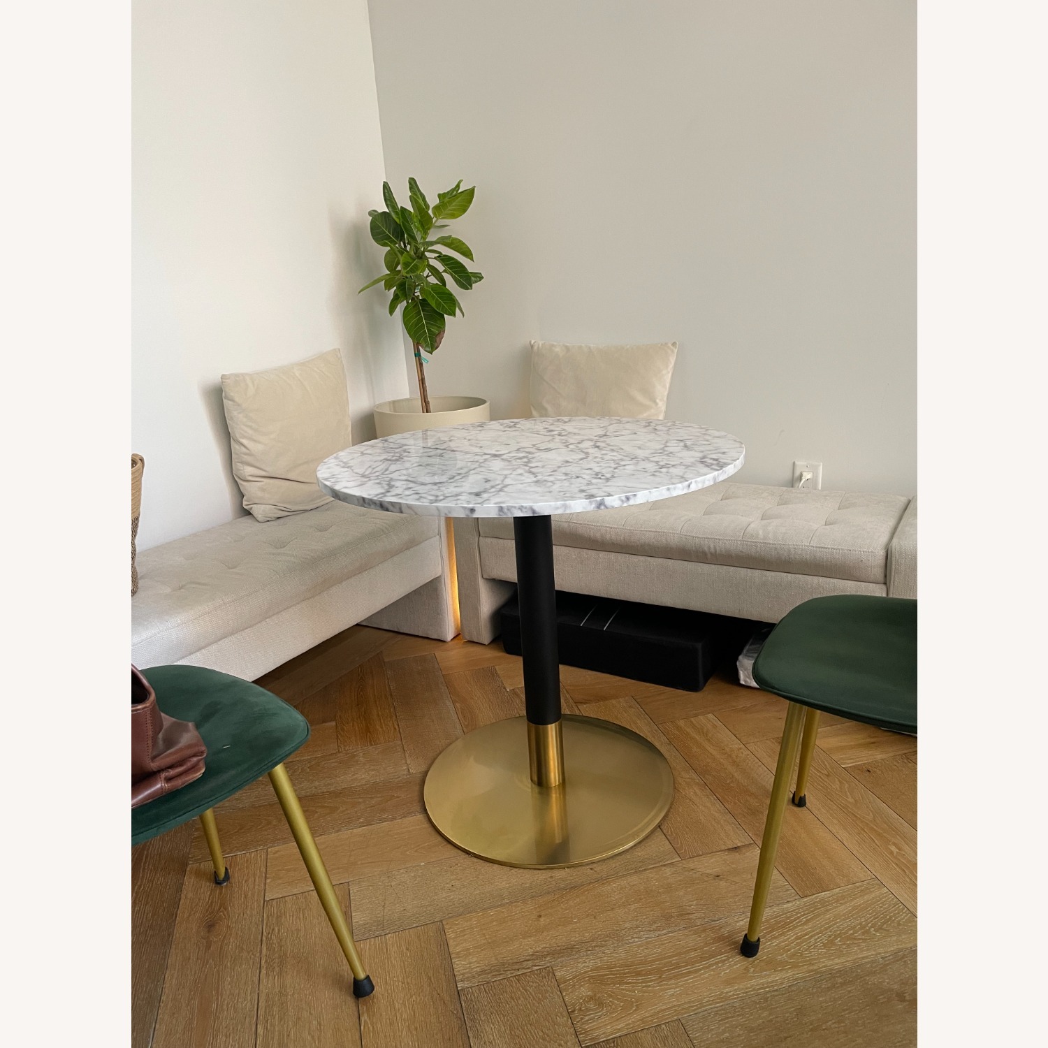 White Faux Marble Table with Brass Base - image-4