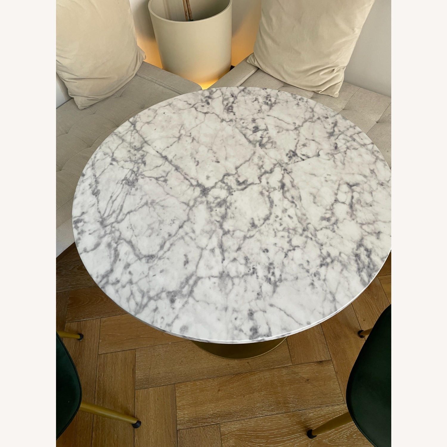 White Faux Marble Table with Brass Base - image-2