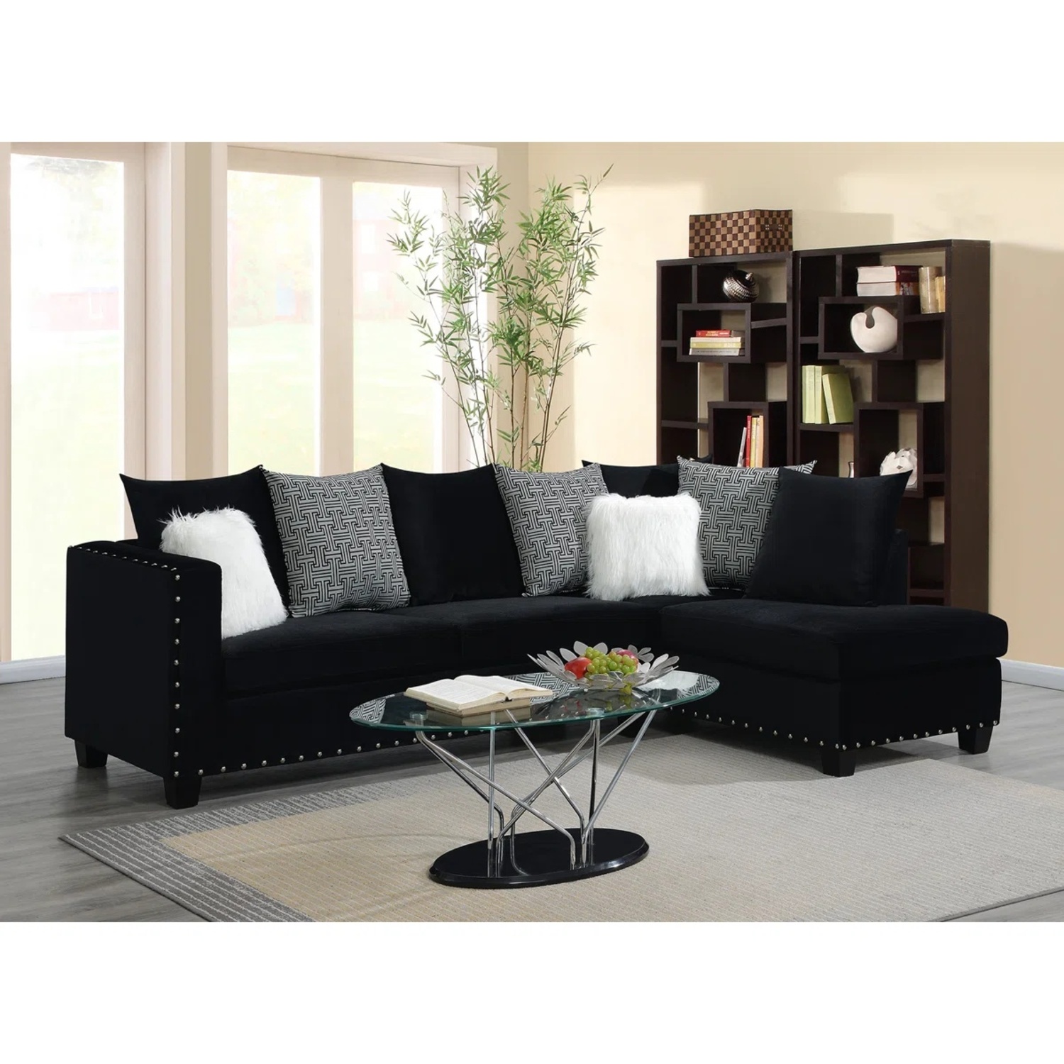 Black Velvet 2 Piece Sectional with Nailhead Trim - image-4