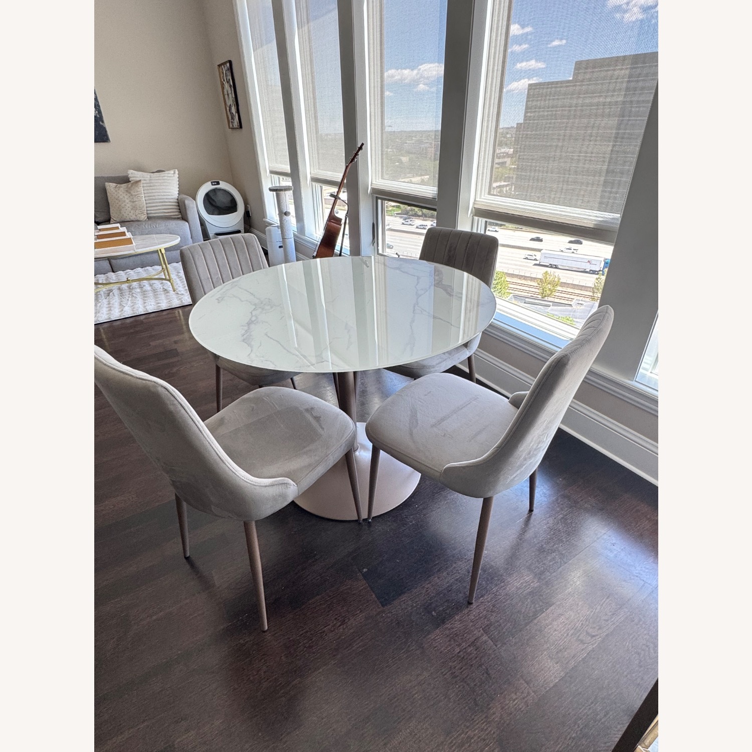 White Glass Dining Set With Velvet Chairs - image-1