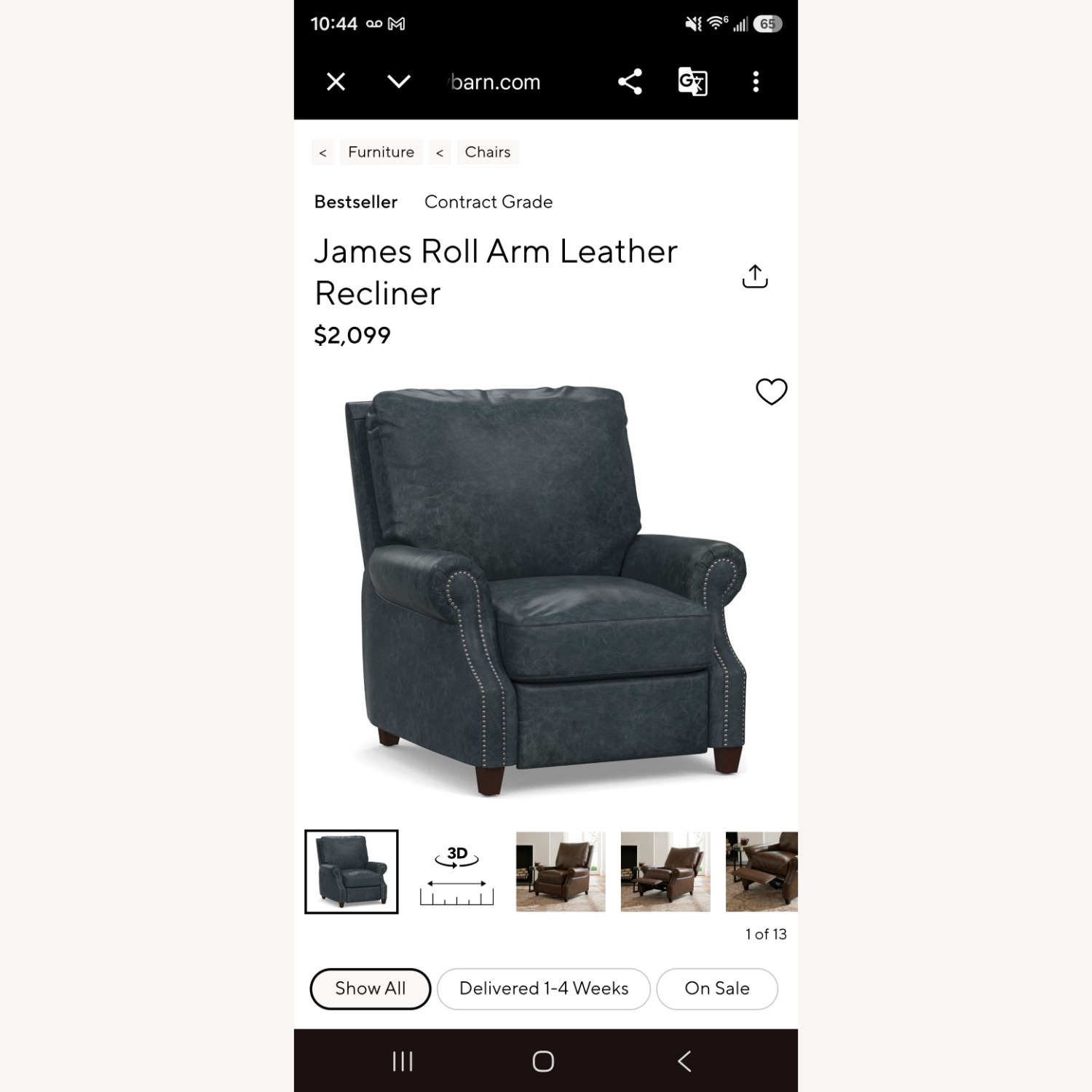 Pottery Barn James Roll Arm Leather Recliner - image-1