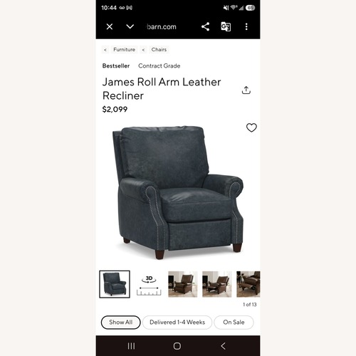 Used Pottery Barn James Roll Arm Leather Recliner for sale on AptDeco