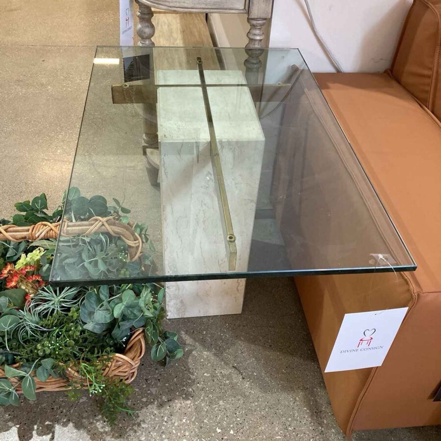 Travertine Brass & Glass Top Side Table - image-2