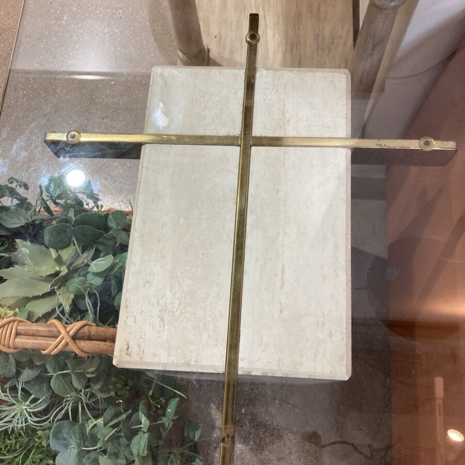 Travertine Brass & Glass Top Side Table - image-5