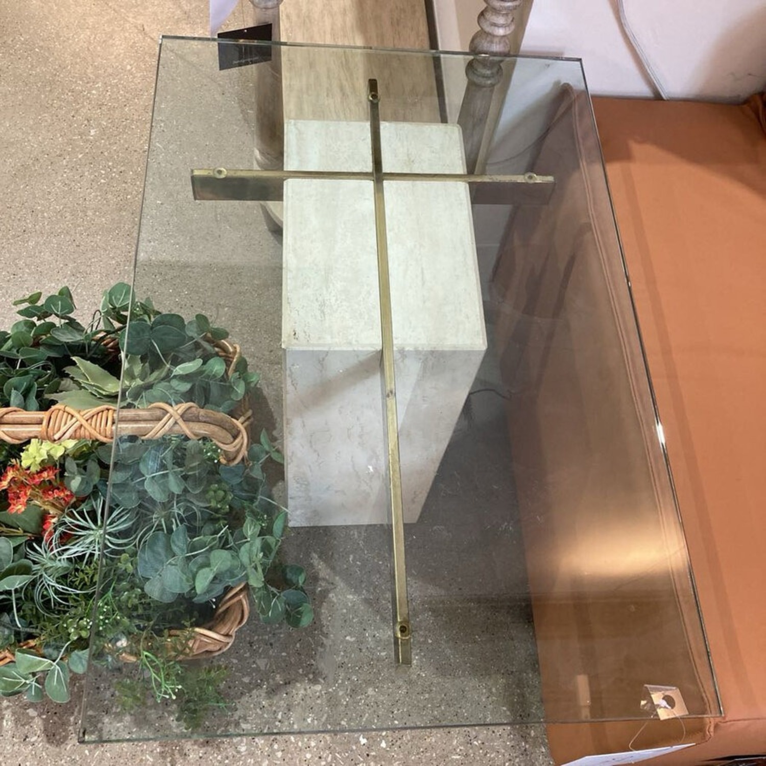 Travertine Brass & Glass Top Side Table - image-3
