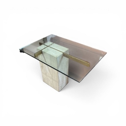 Used Travertine Brass & Glass Top Side Table for sale on AptDeco