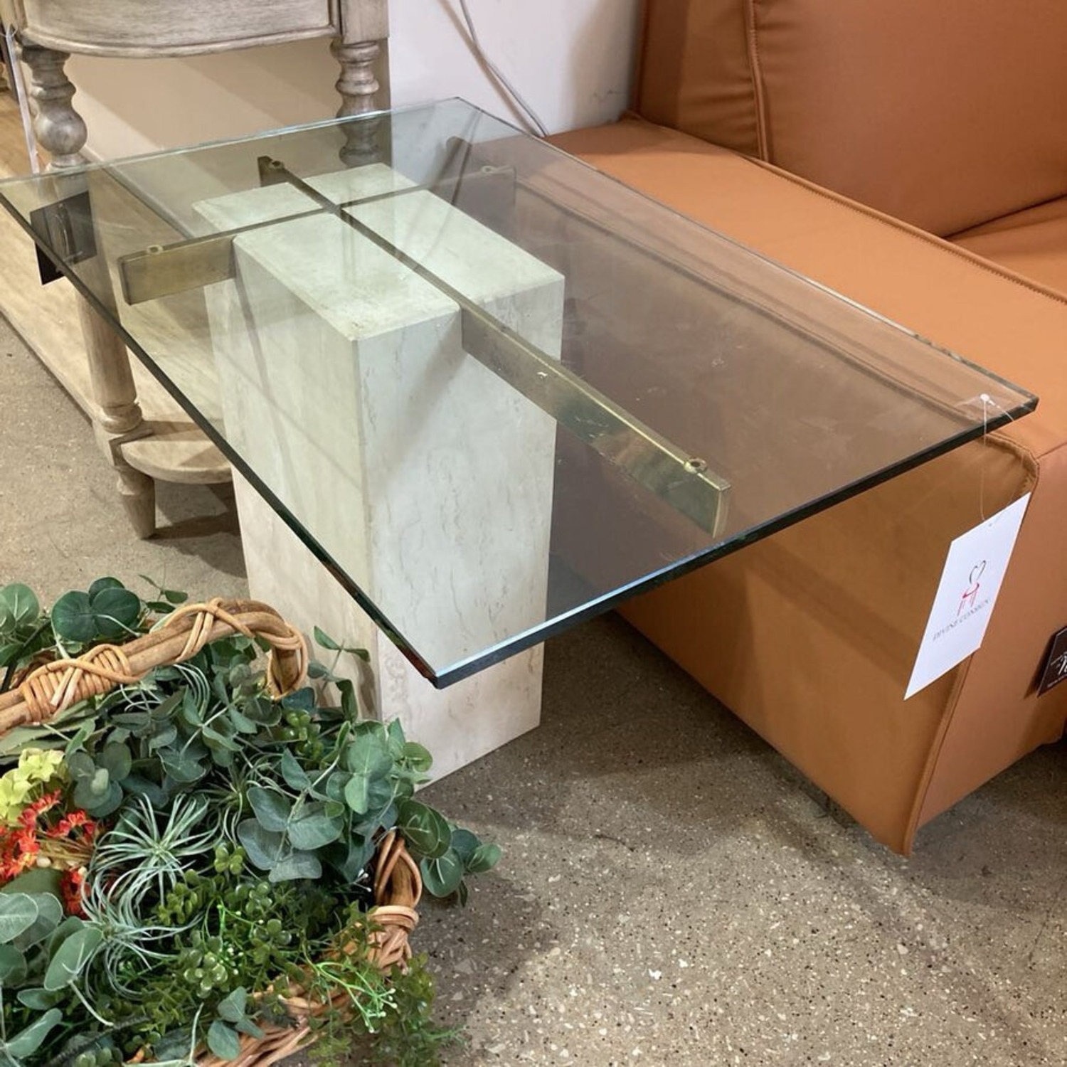 Travertine Brass & Glass Top Side Table - image-12