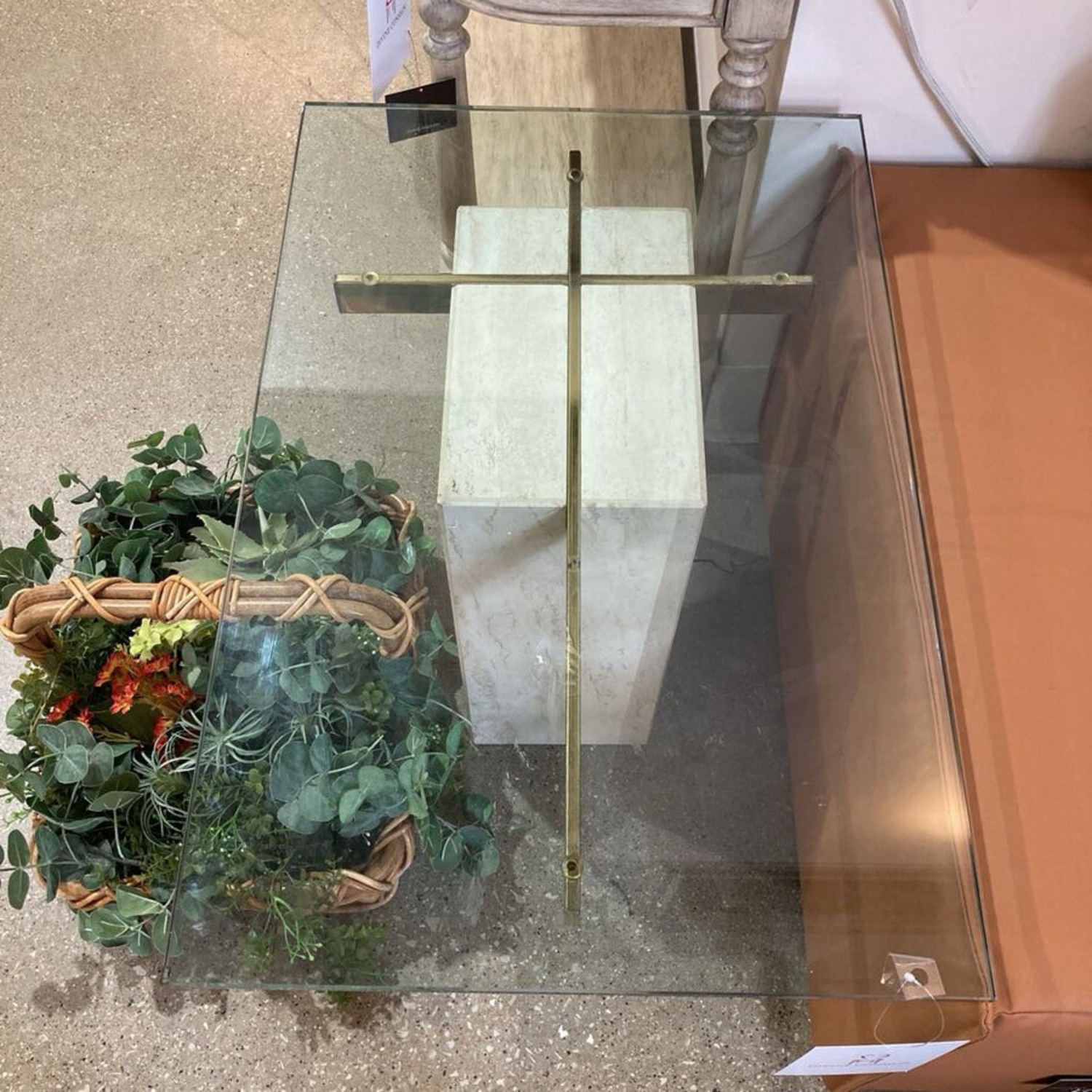Travertine Brass & Glass Top Side Table - image-4