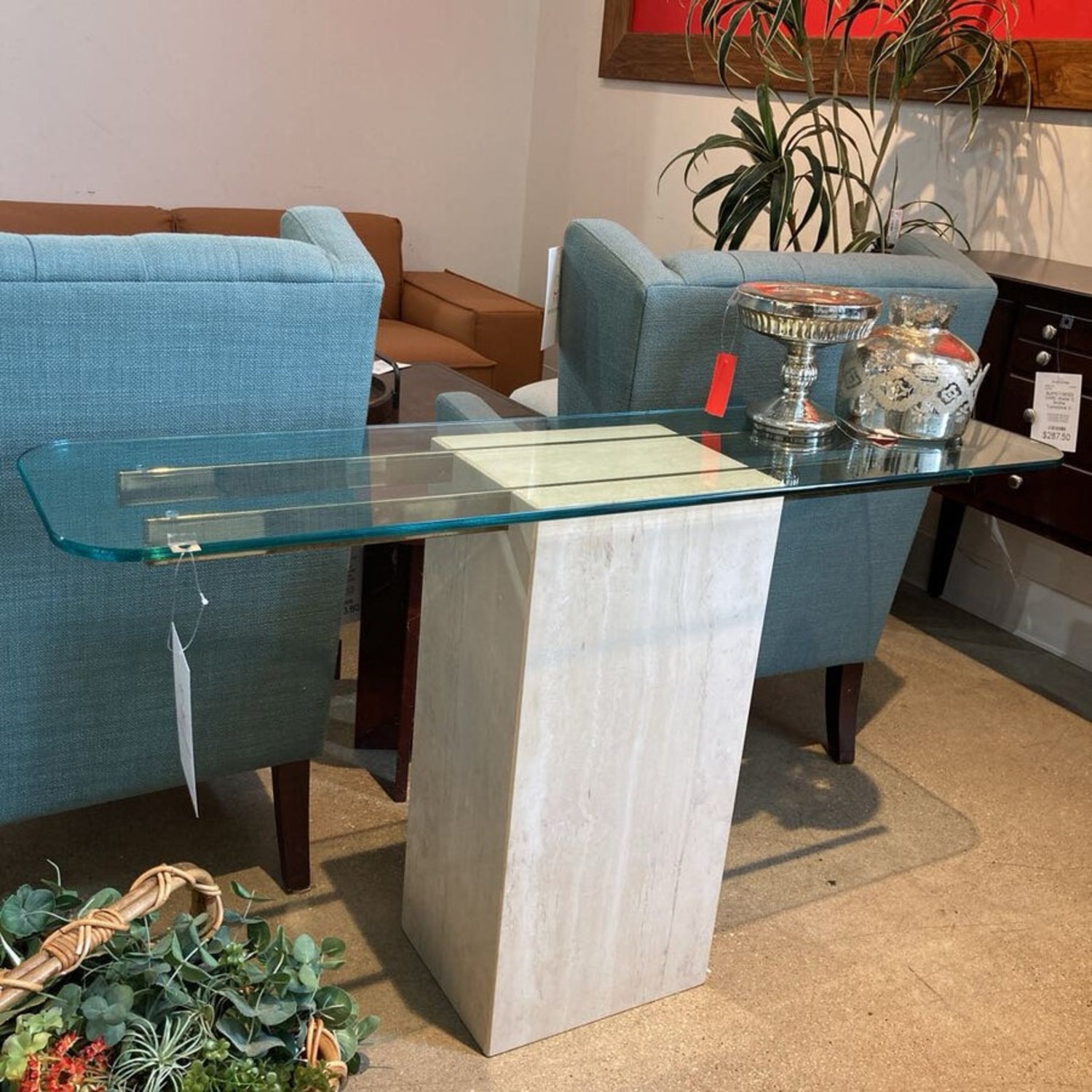 Travertine Brass & Glass Top Console Table - image-3