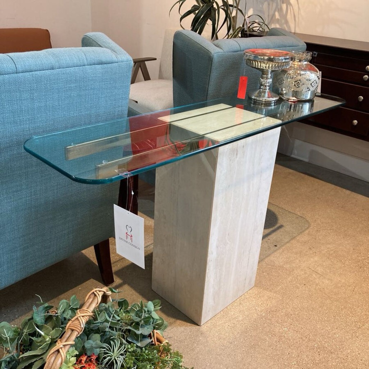 Travertine Brass & Glass Top Console Table - image-2