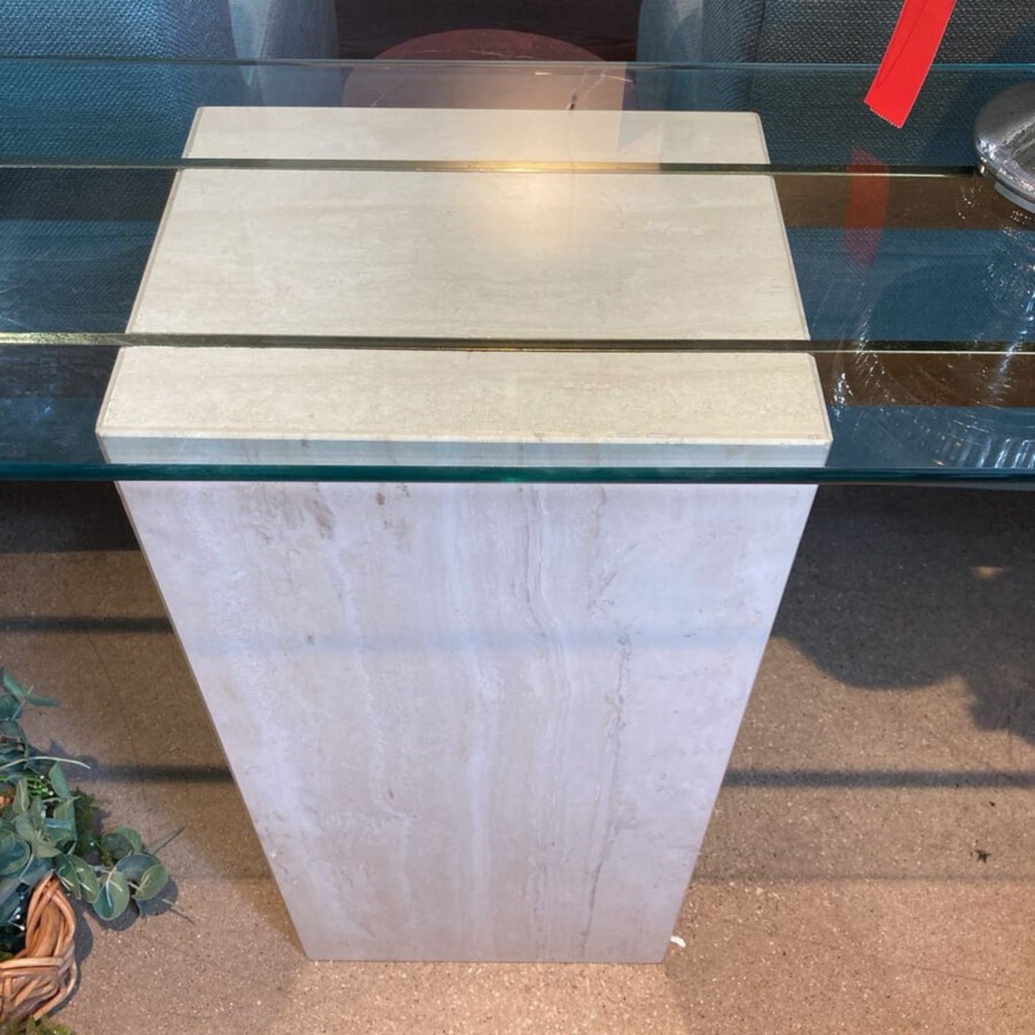 Travertine Brass & Glass Top Console Table - image-5