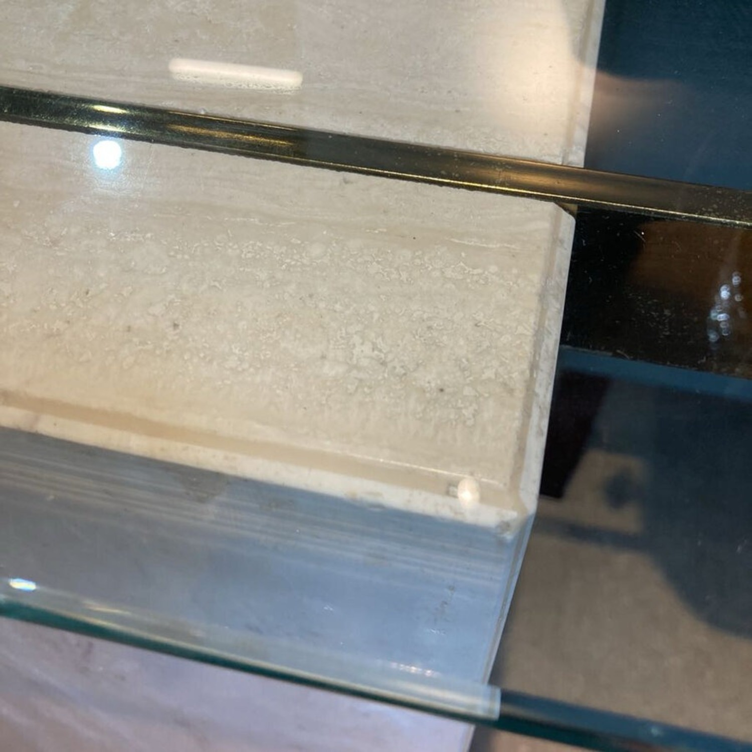 Travertine Brass & Glass Top Console Table - image-6