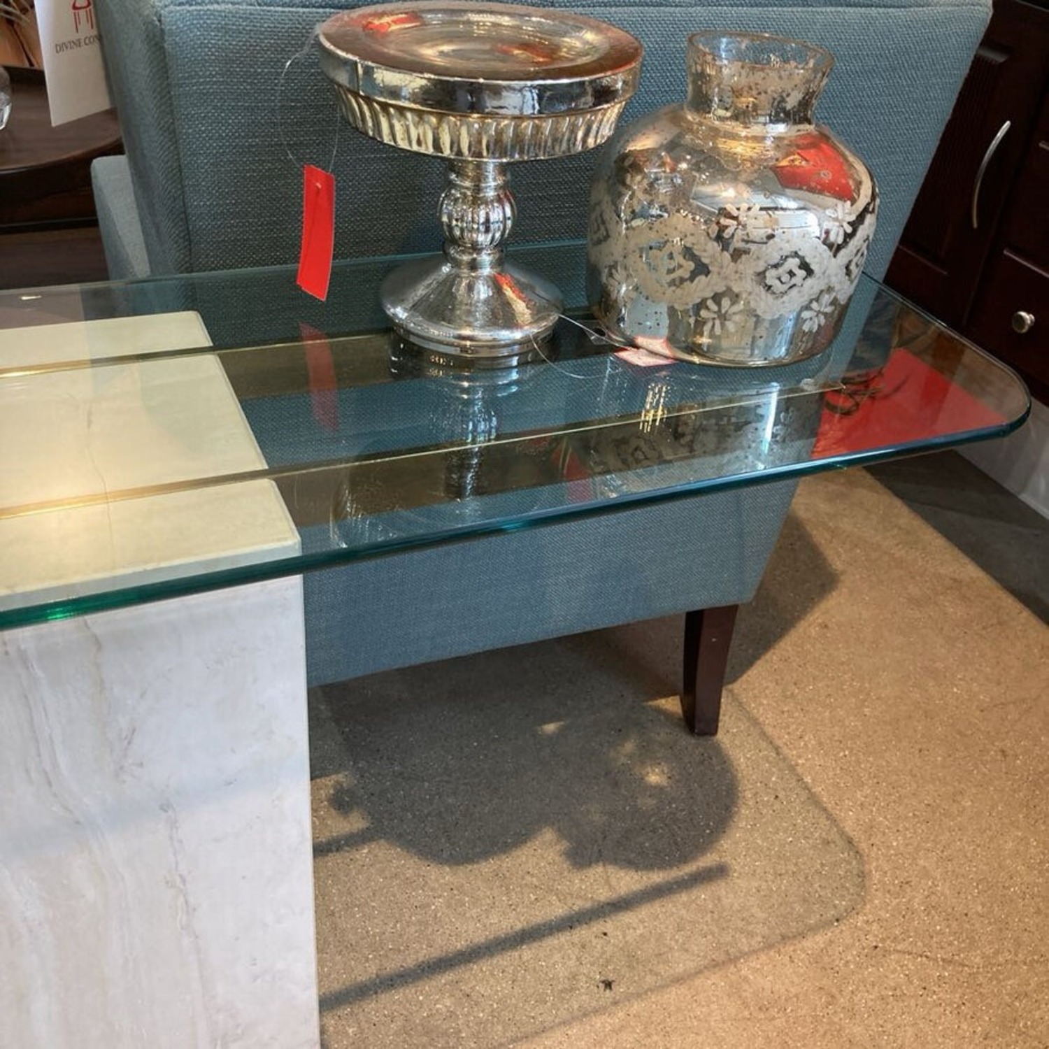 Travertine Brass & Glass Top Console Table - image-8