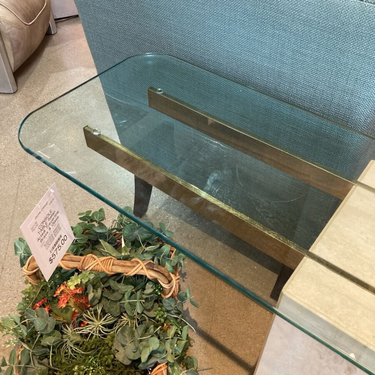 Travertine Brass & Glass Top Console Table - image-4