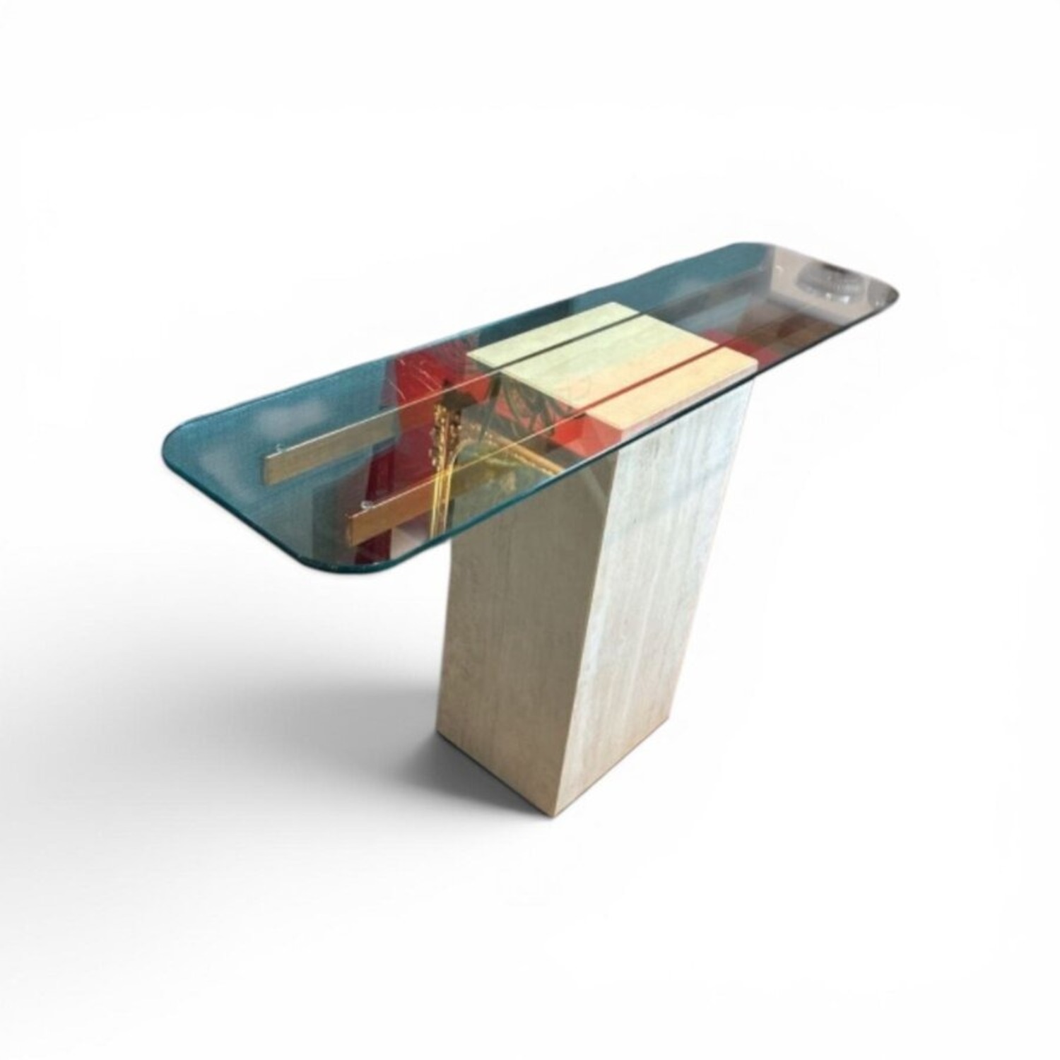 Travertine Brass & Glass Top Console Table - image-1