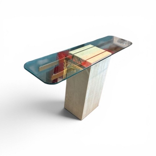 Used Travertine Brass & Glass Top Console Table for sale on AptDeco