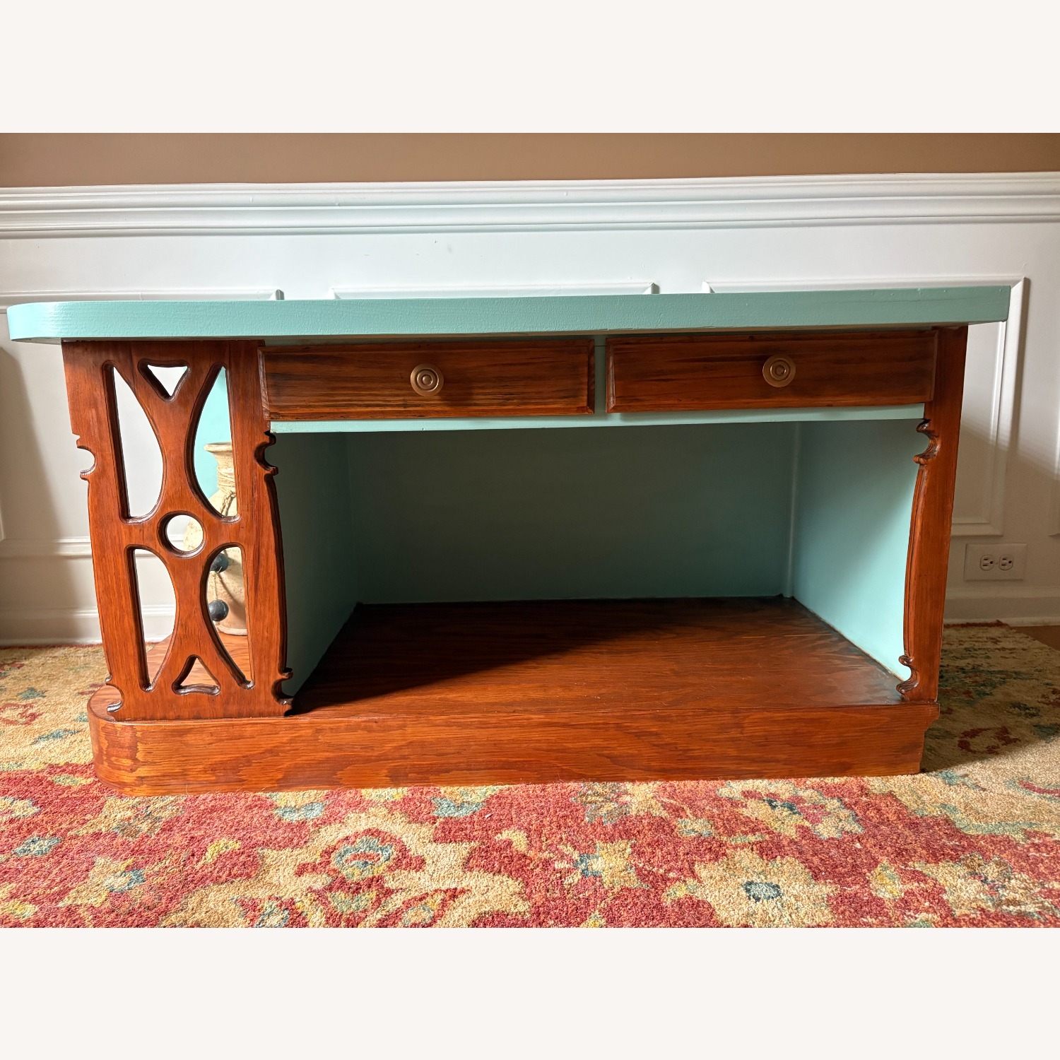 Vintage Table - Refinished Seafoam and Mahogany  - image-4