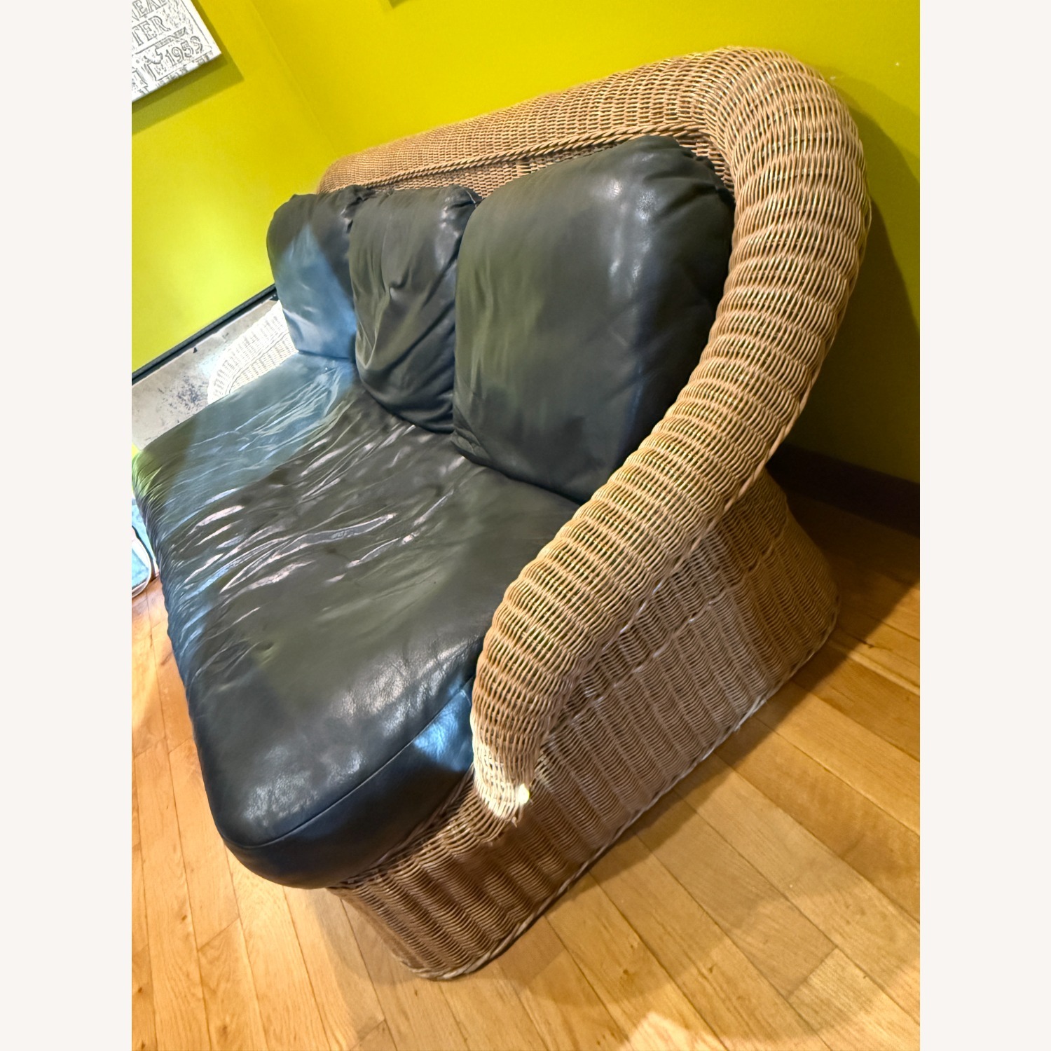 Vintage Wicker Sofa with Black Leather Cushions Sofa - image-3
