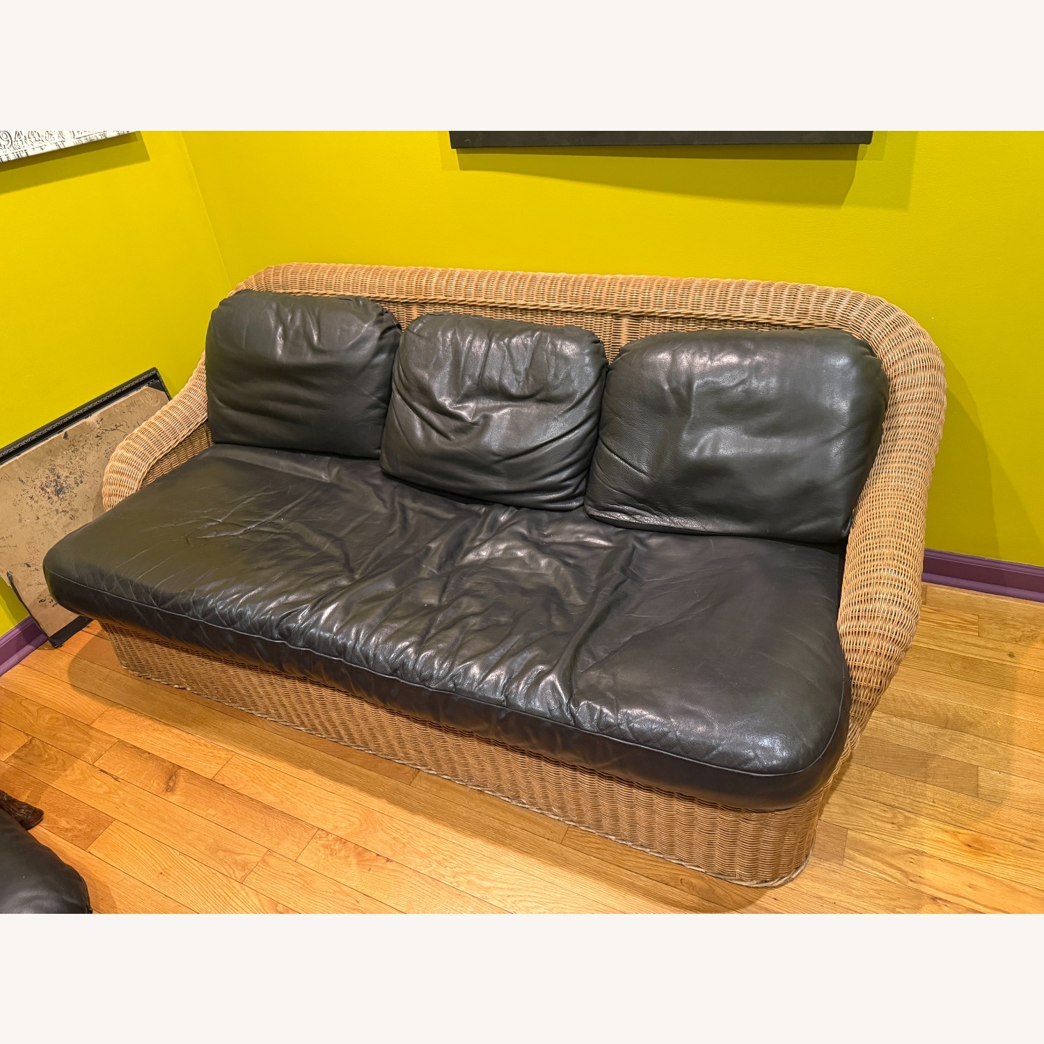 Vintage Wicker Sofa with Black Leather Cushions Sofa - image-1