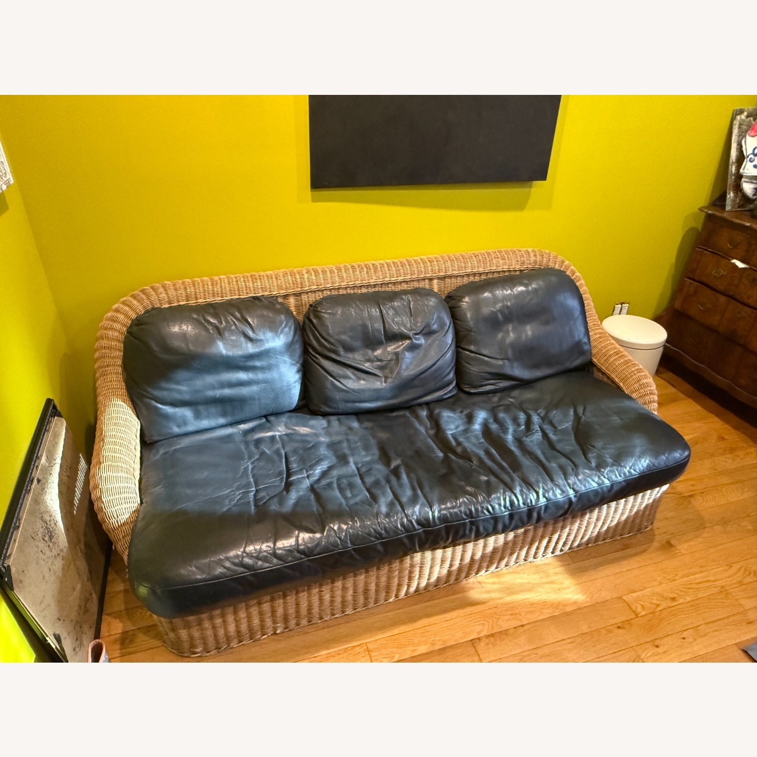 Vintage Wicker Sofa with Black Leather Cushions Sofa - image-2