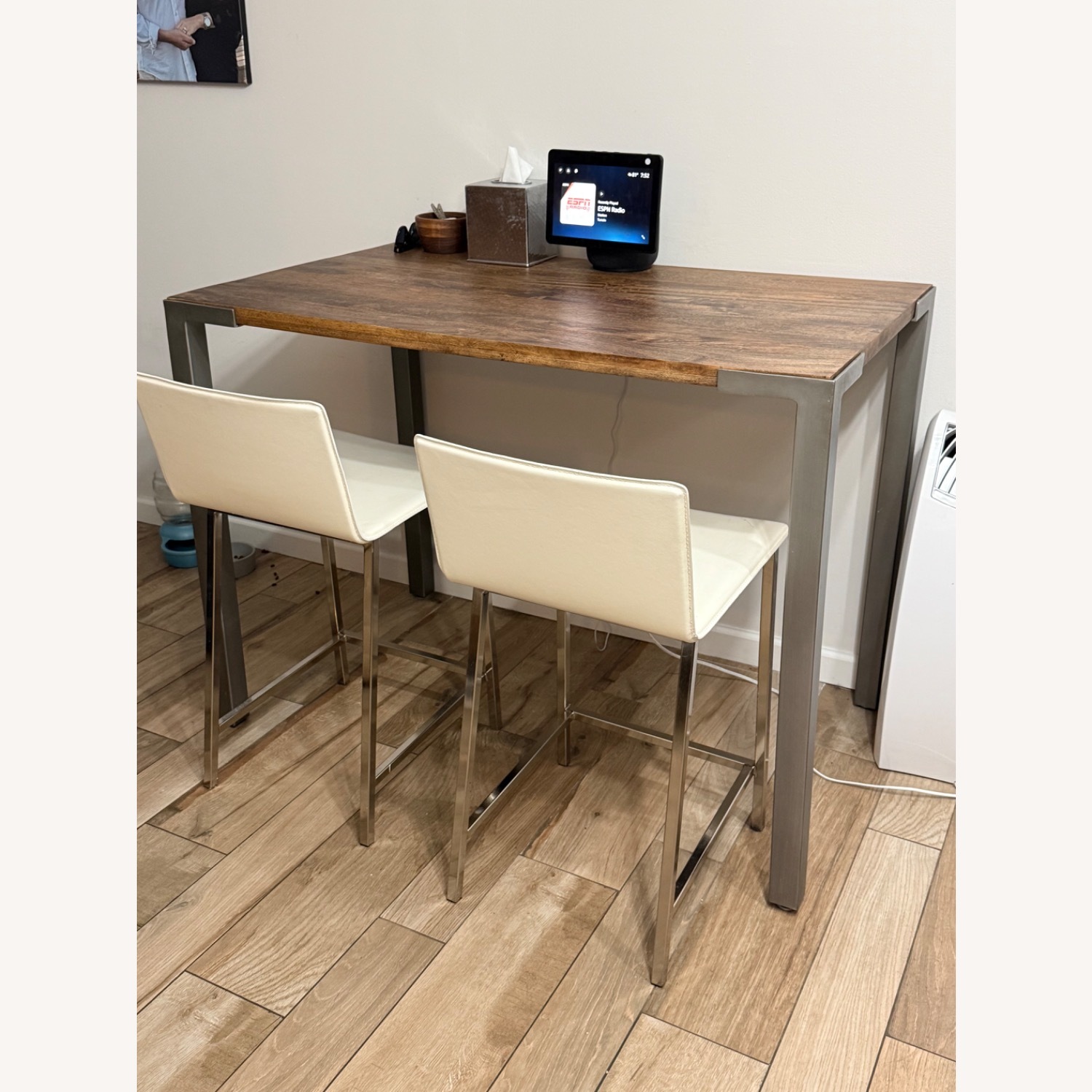 CB2 Stilt Mango Wood Bar Height Table Dining Set - image-1