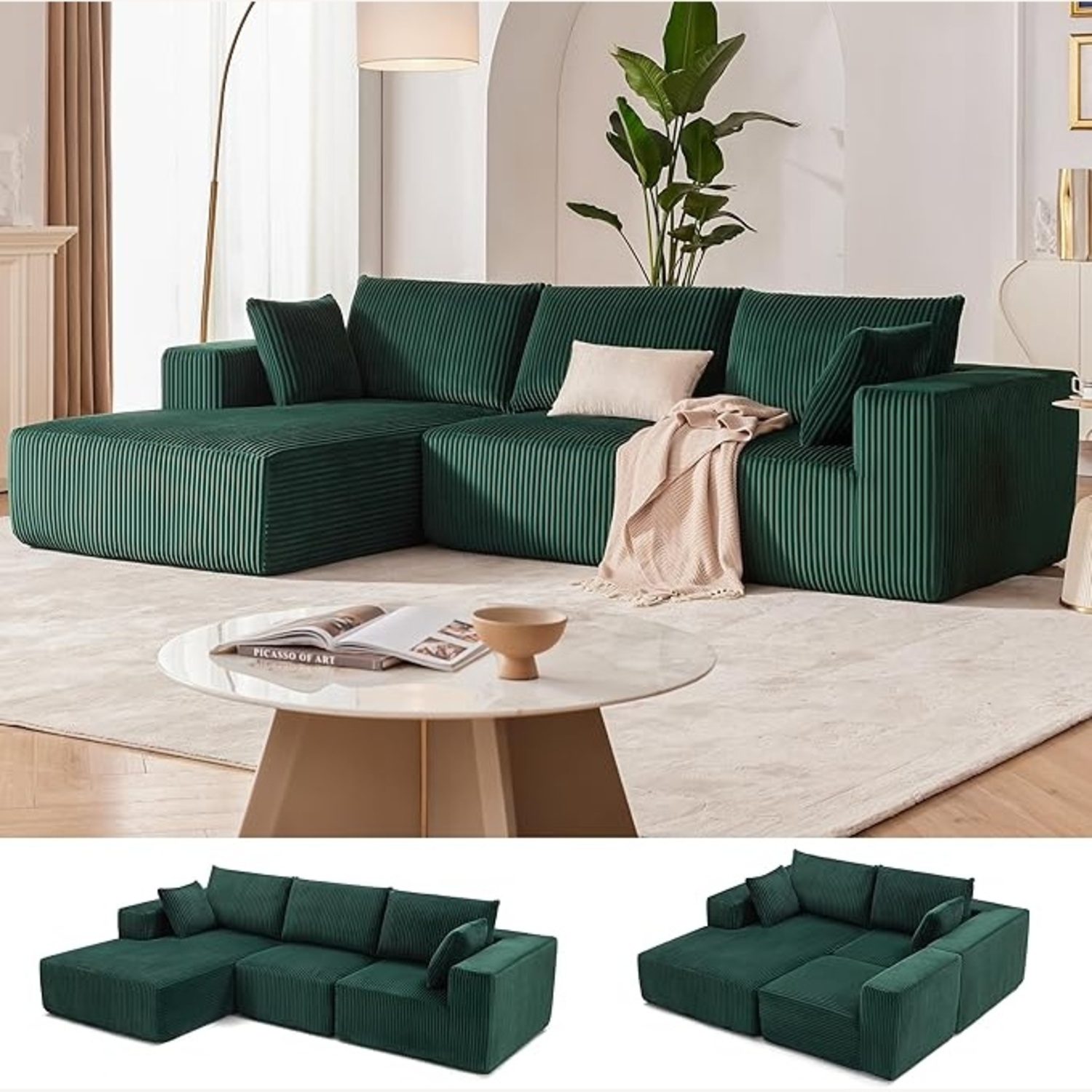Green Fabric 3+ Piece Sectional - image-5