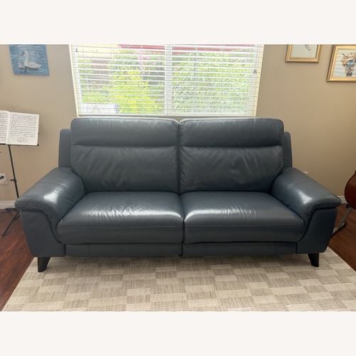 Used Moana Blue Leather Power Dual Reclining Sofa  for sale on AptDeco