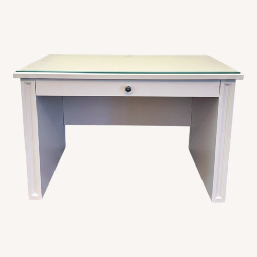 Used Solid Wood White Desk with Custom Glass Topper for sale on AptDeco