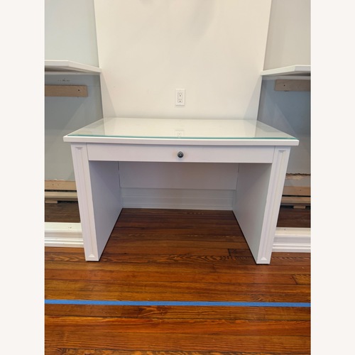 Used Solid Wood White Desk with Custom Glass Topper for sale on AptDeco