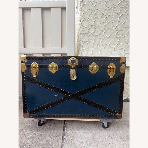 Used Vintage Steamer Trunk | Teal Brass Accents Chest for sale on AptDeco
