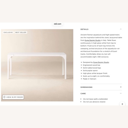 Used CB2 Virgo White Wood Dining Table for sale on AptDeco