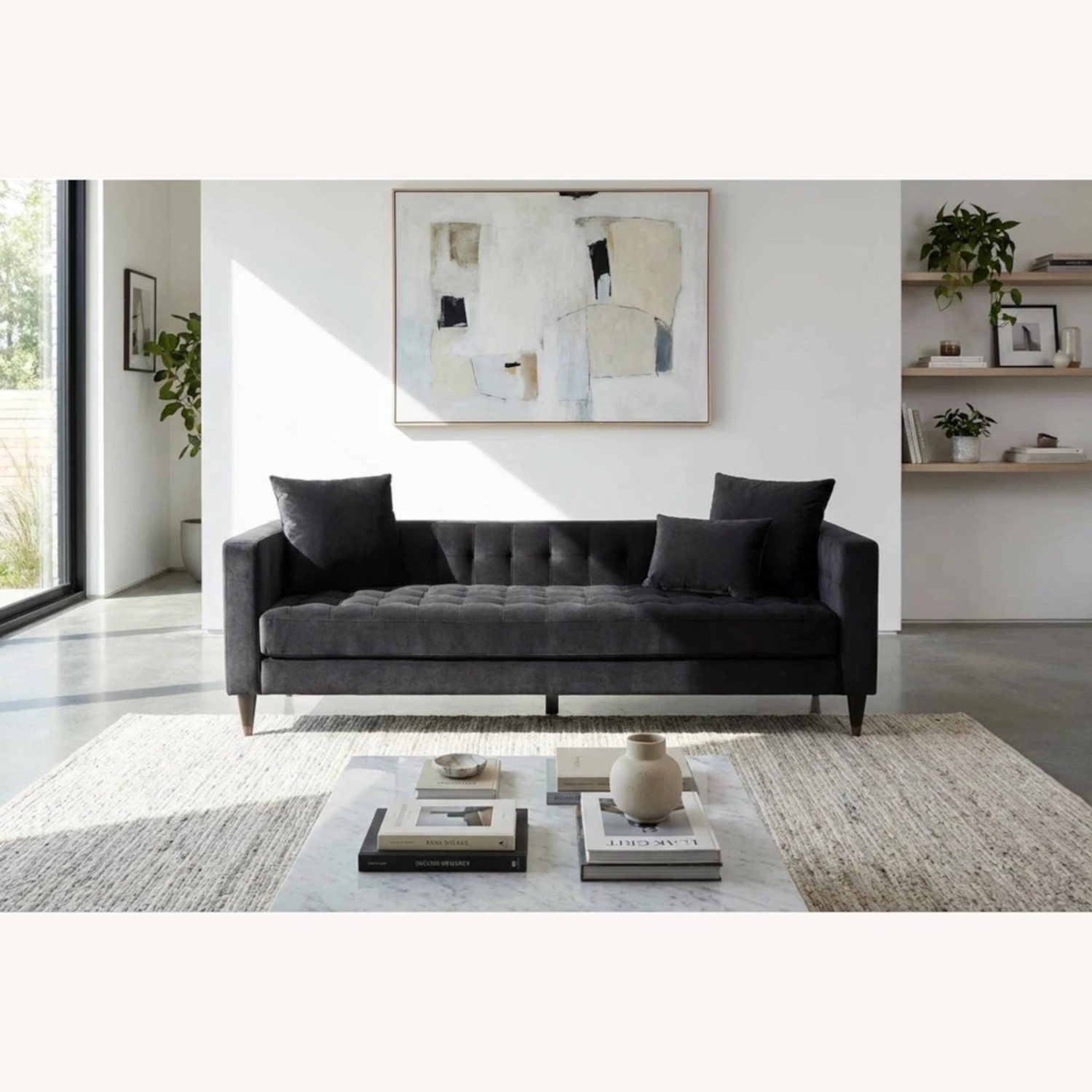Living Spaces Black Velvet 2 Seater Sofa - image-1