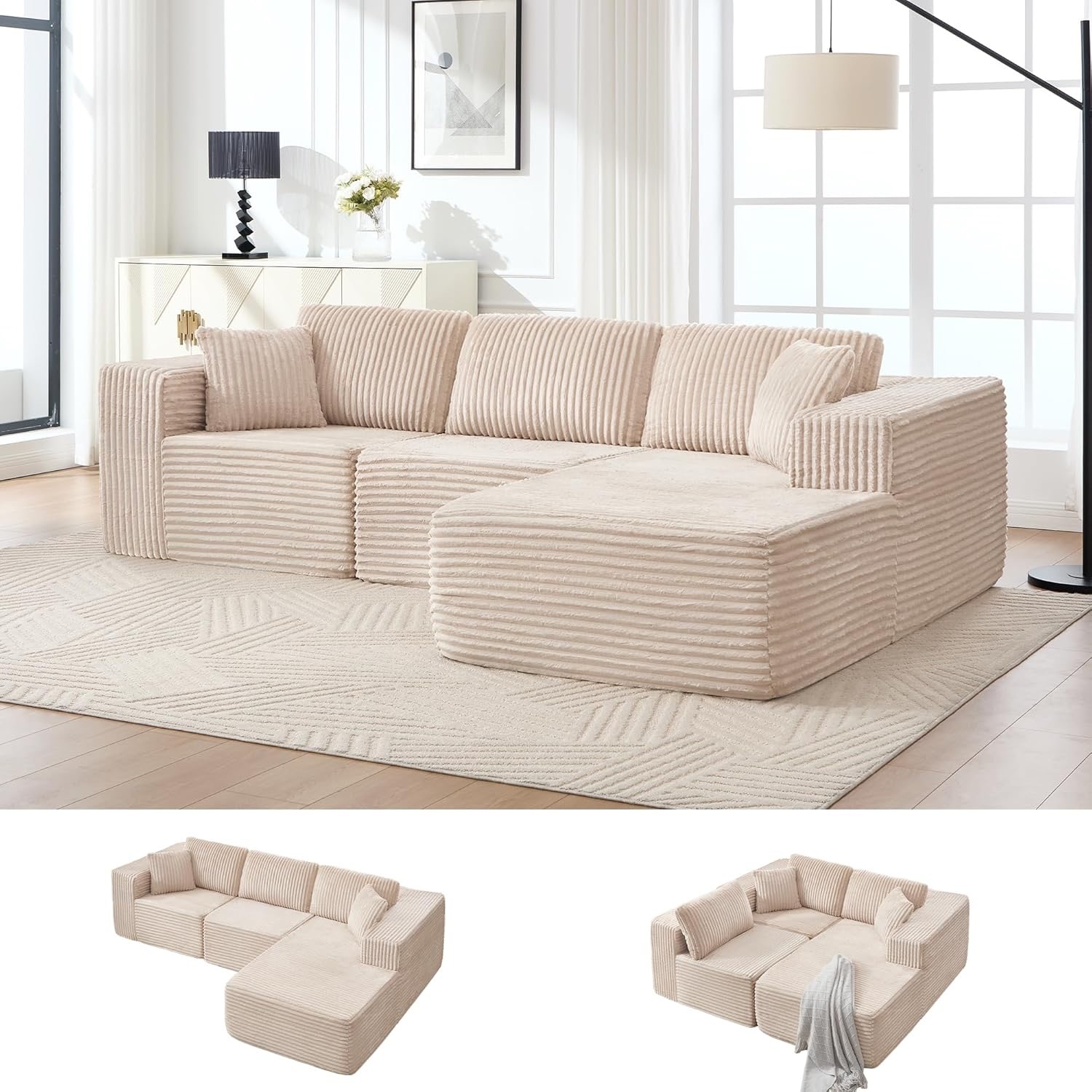 White Velvet 3+ Piece Sectional - image-1