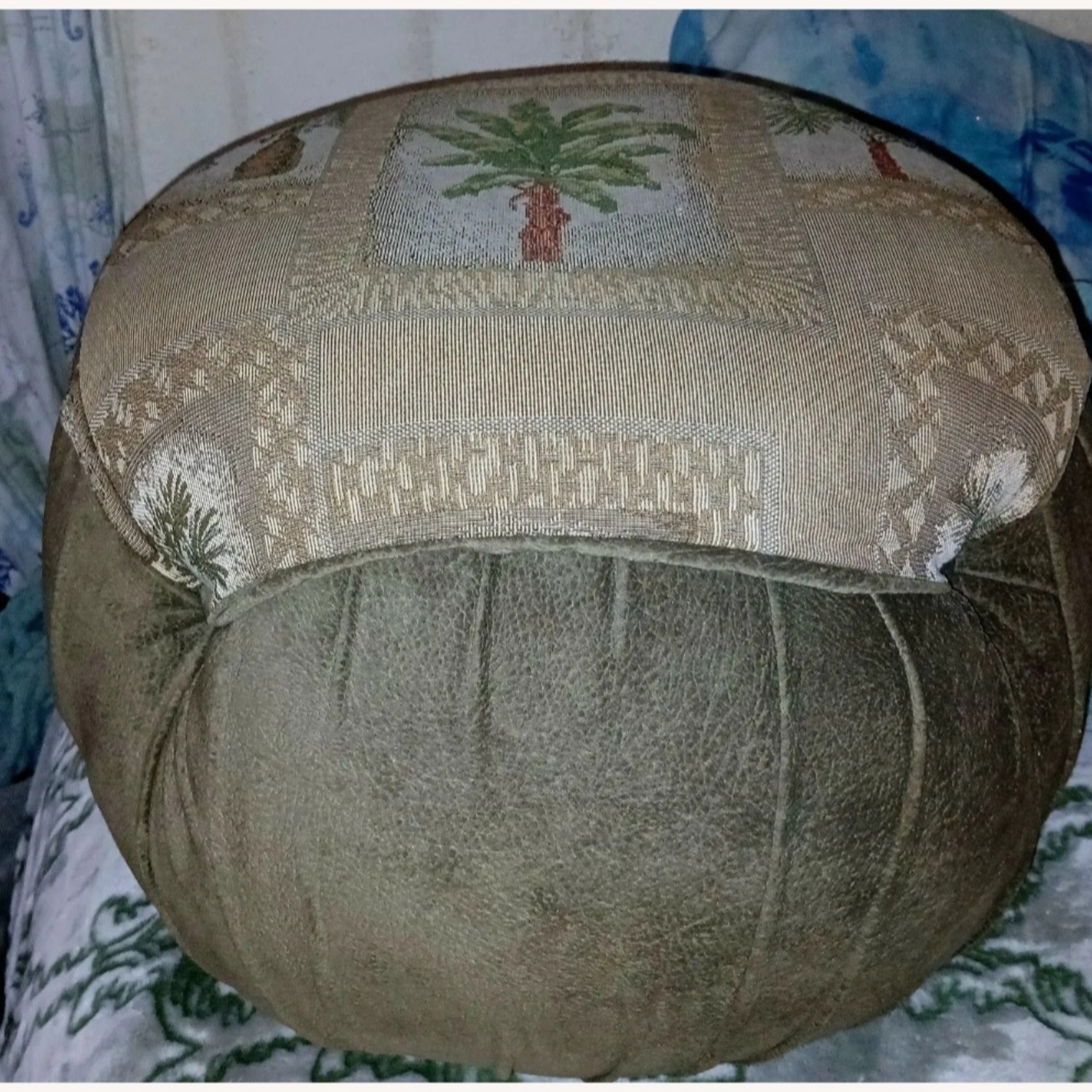 Vintage Coastal Palm Tree Ottoman - image-1