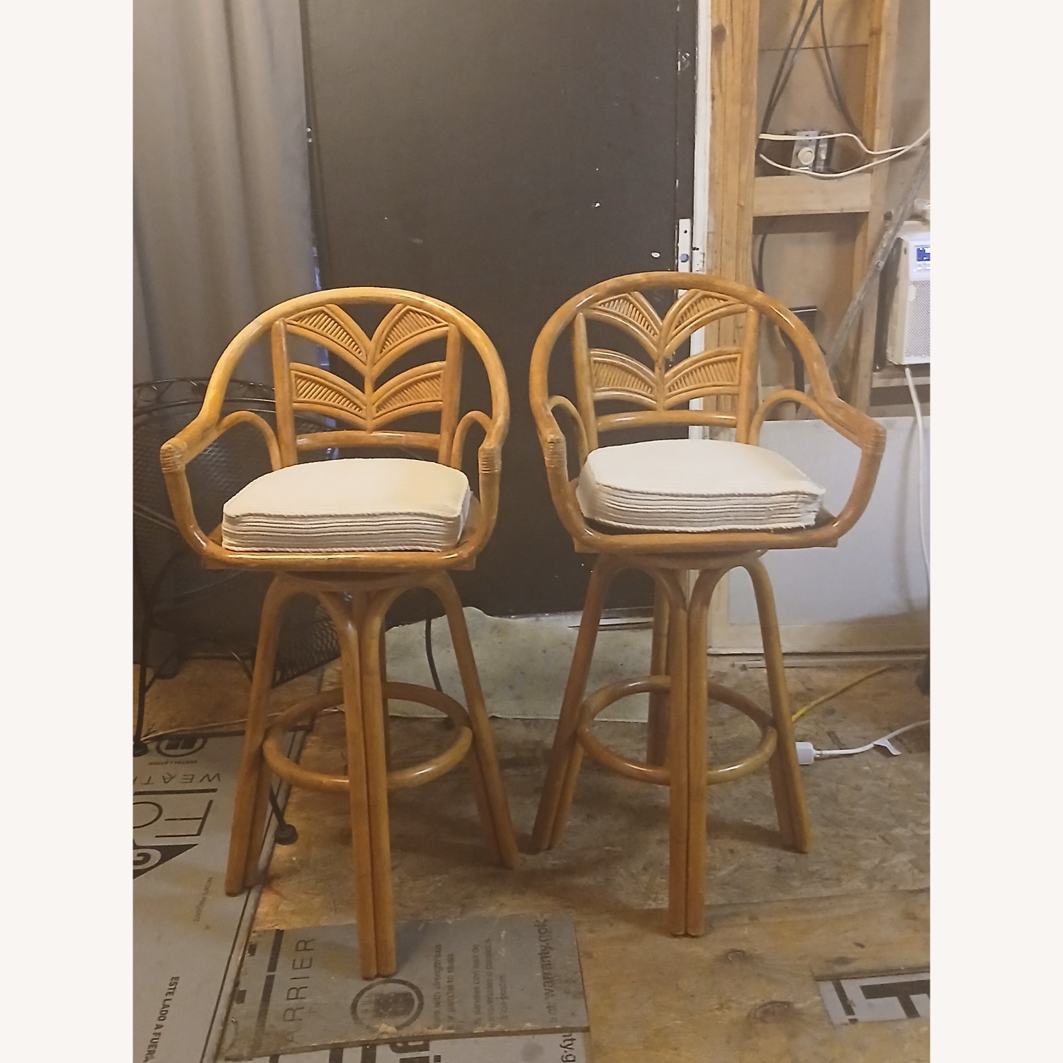 Vintage Rattan Palm Tree Back Swivel Dining Chairs - image-1