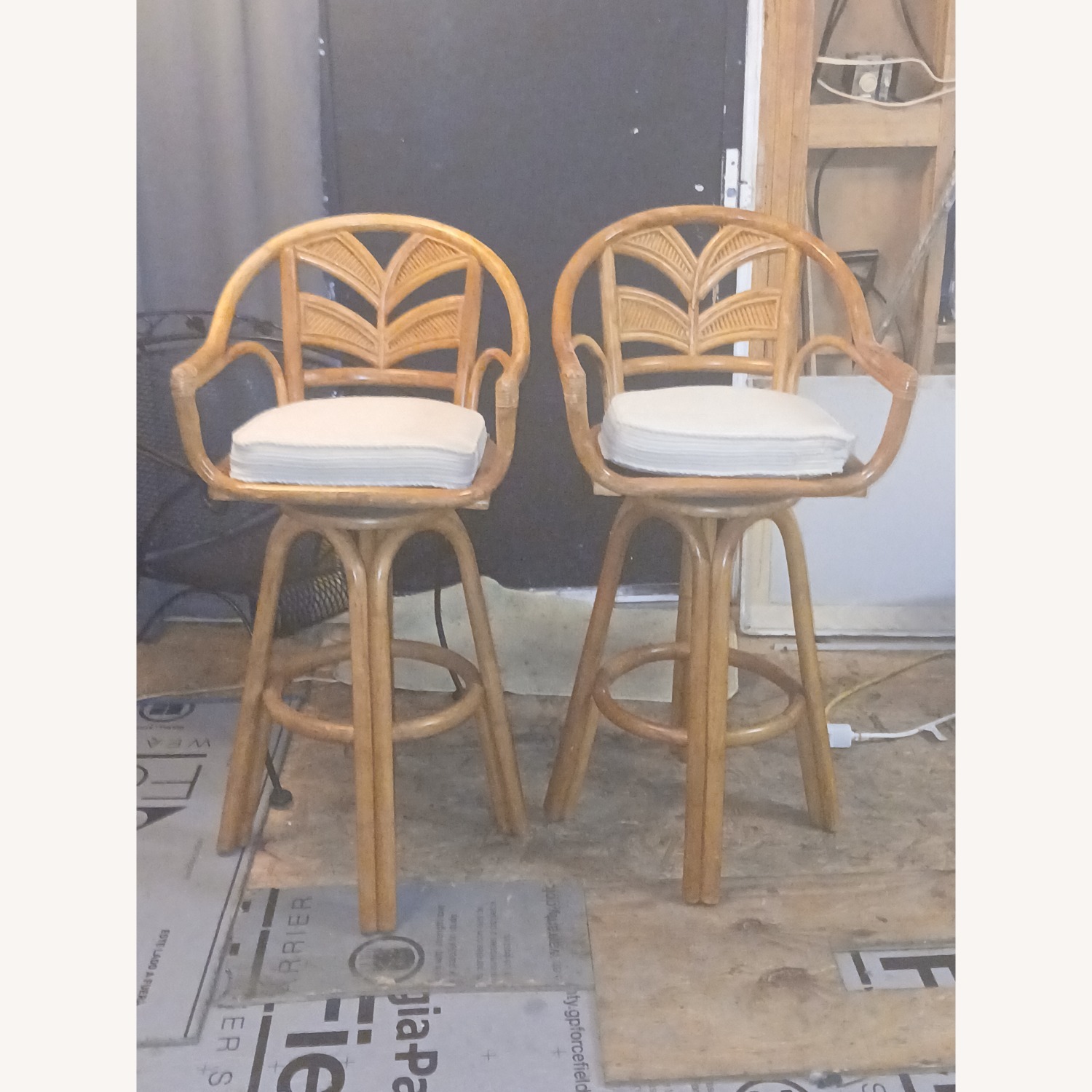 Vintage Rattan Palm Tree Back Swivel Dining Chairs - image-5