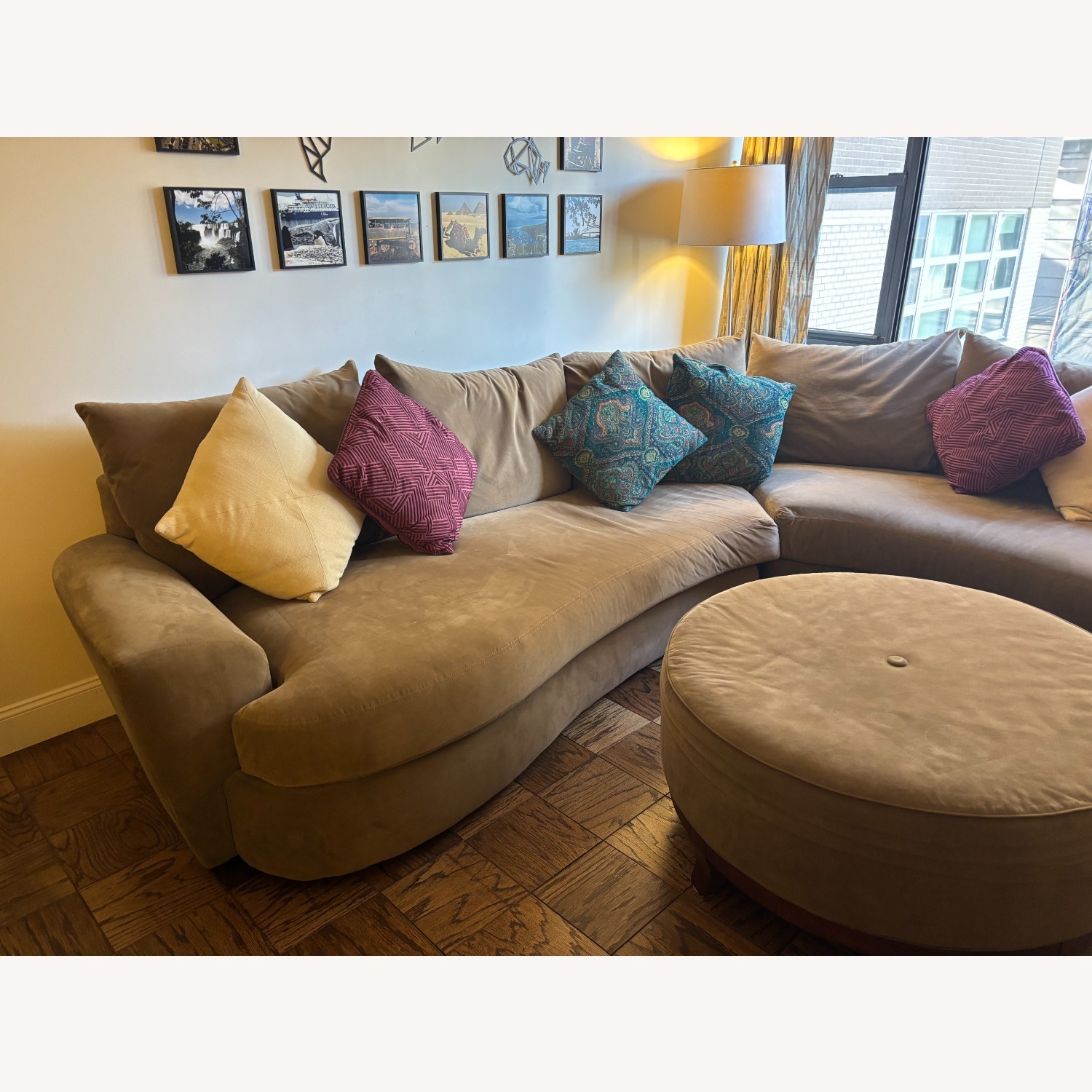Curved Tan Suede Broyhill Sectional + Ottoman - image-4