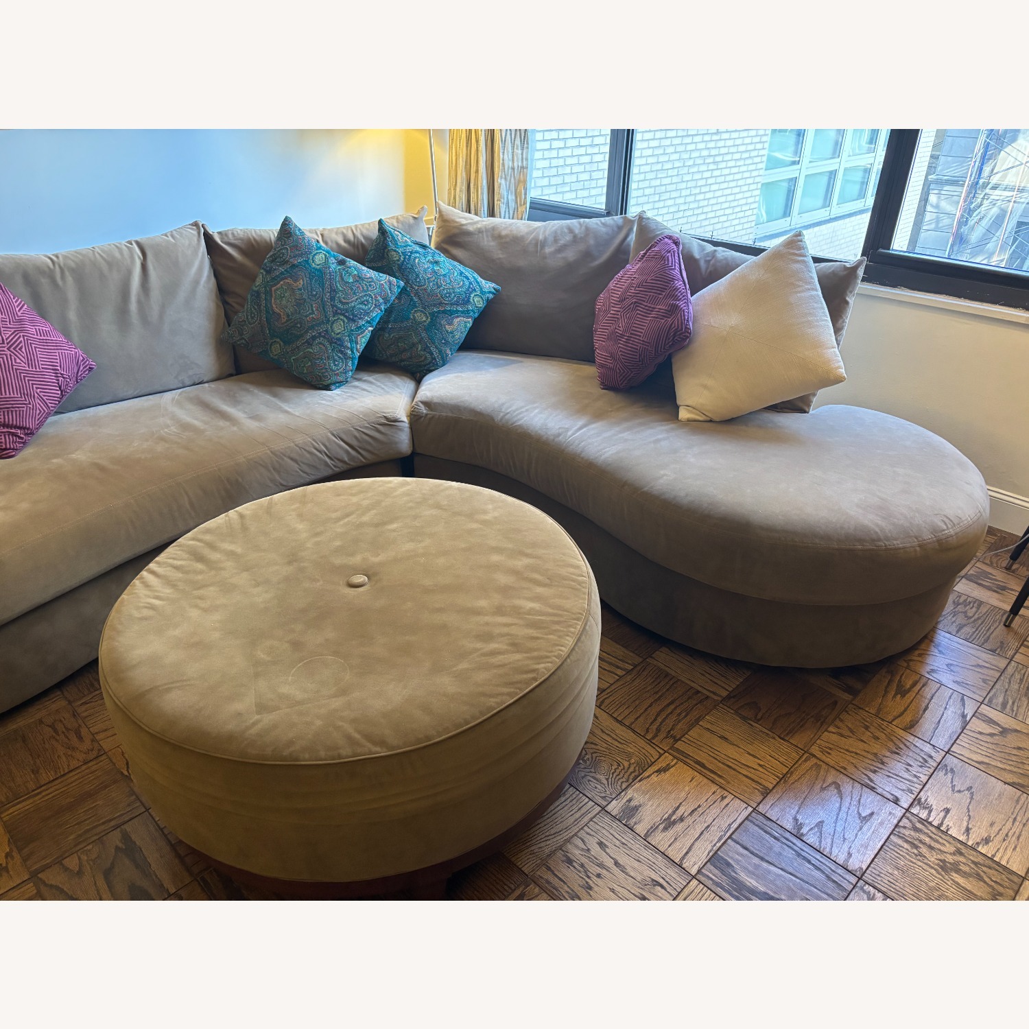 Curved Tan Suede Broyhill Sectional + Ottoman - image-2
