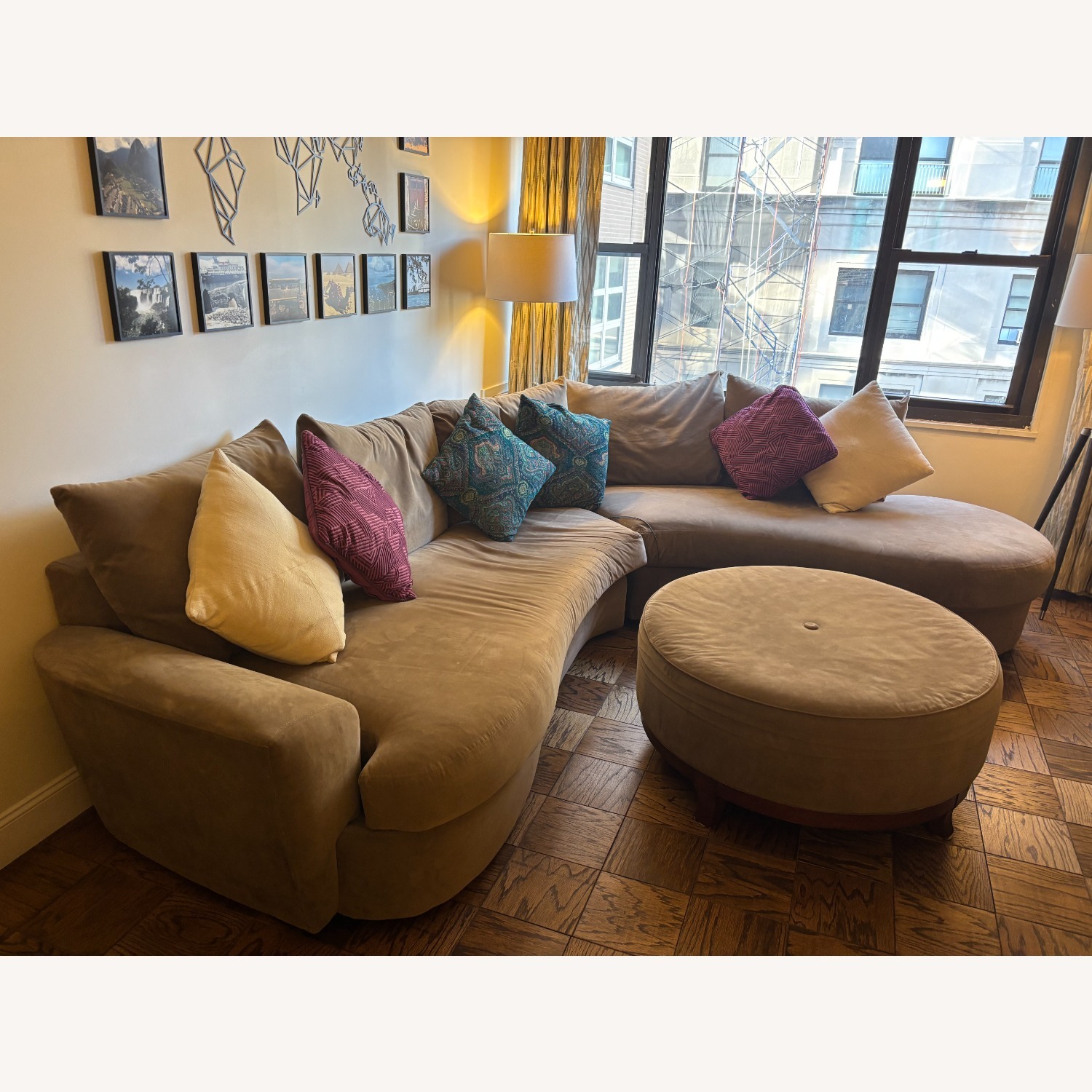 Curved Tan Suede Broyhill Sectional + Ottoman - image-1