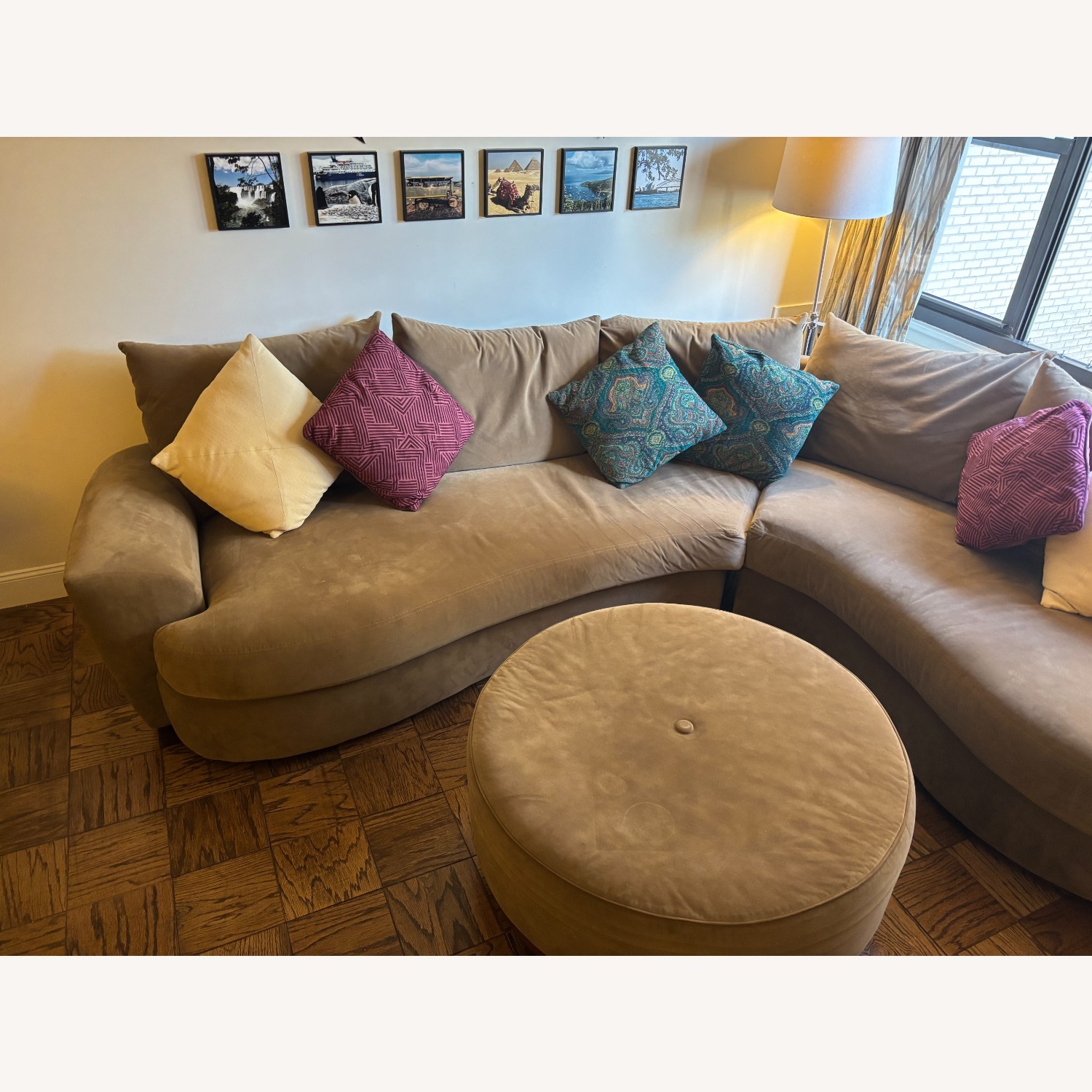 Curved Tan Suede Broyhill Sectional + Ottoman - image-3