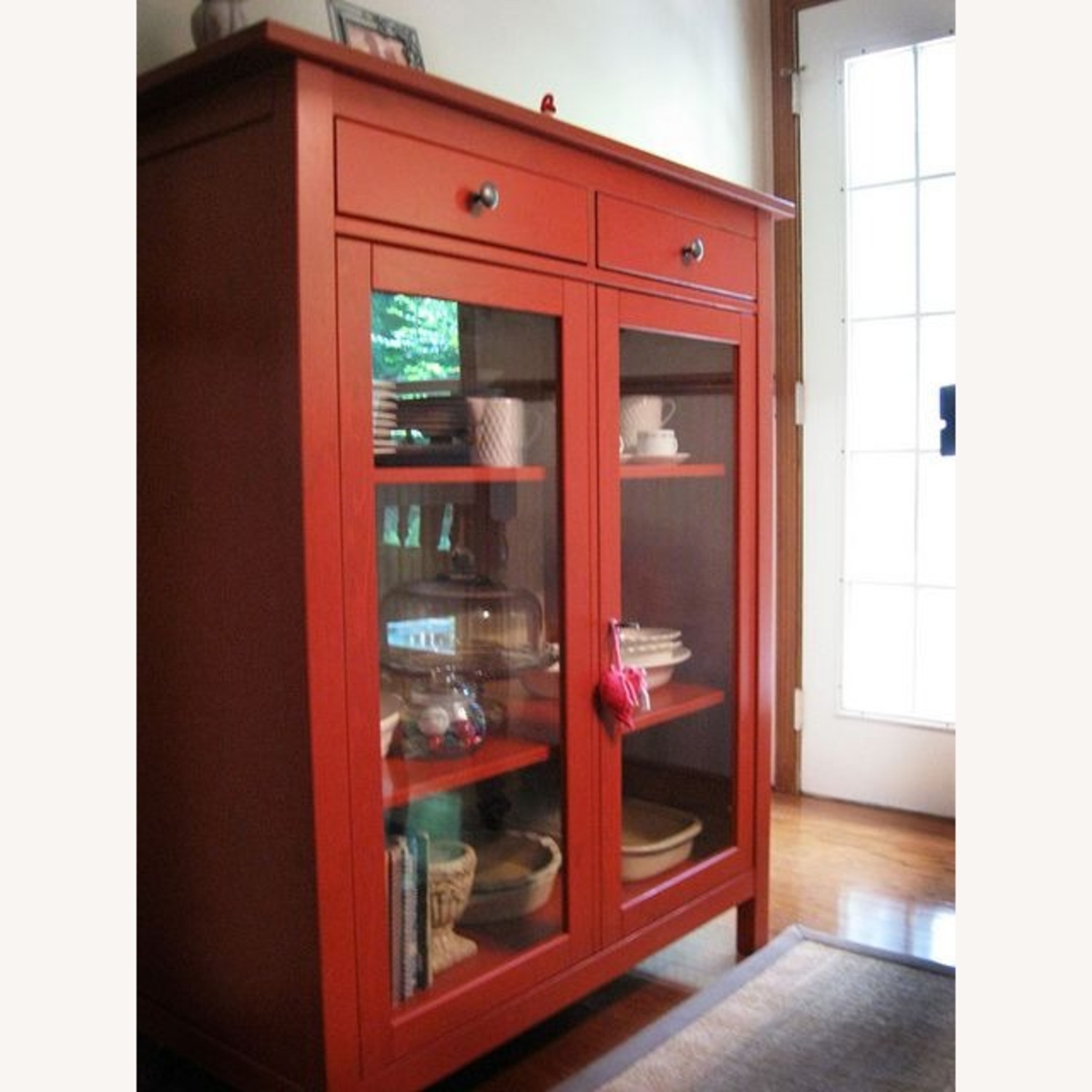 IKEA Hemnes Red Linen Cabinet W Glass Doors - image-5