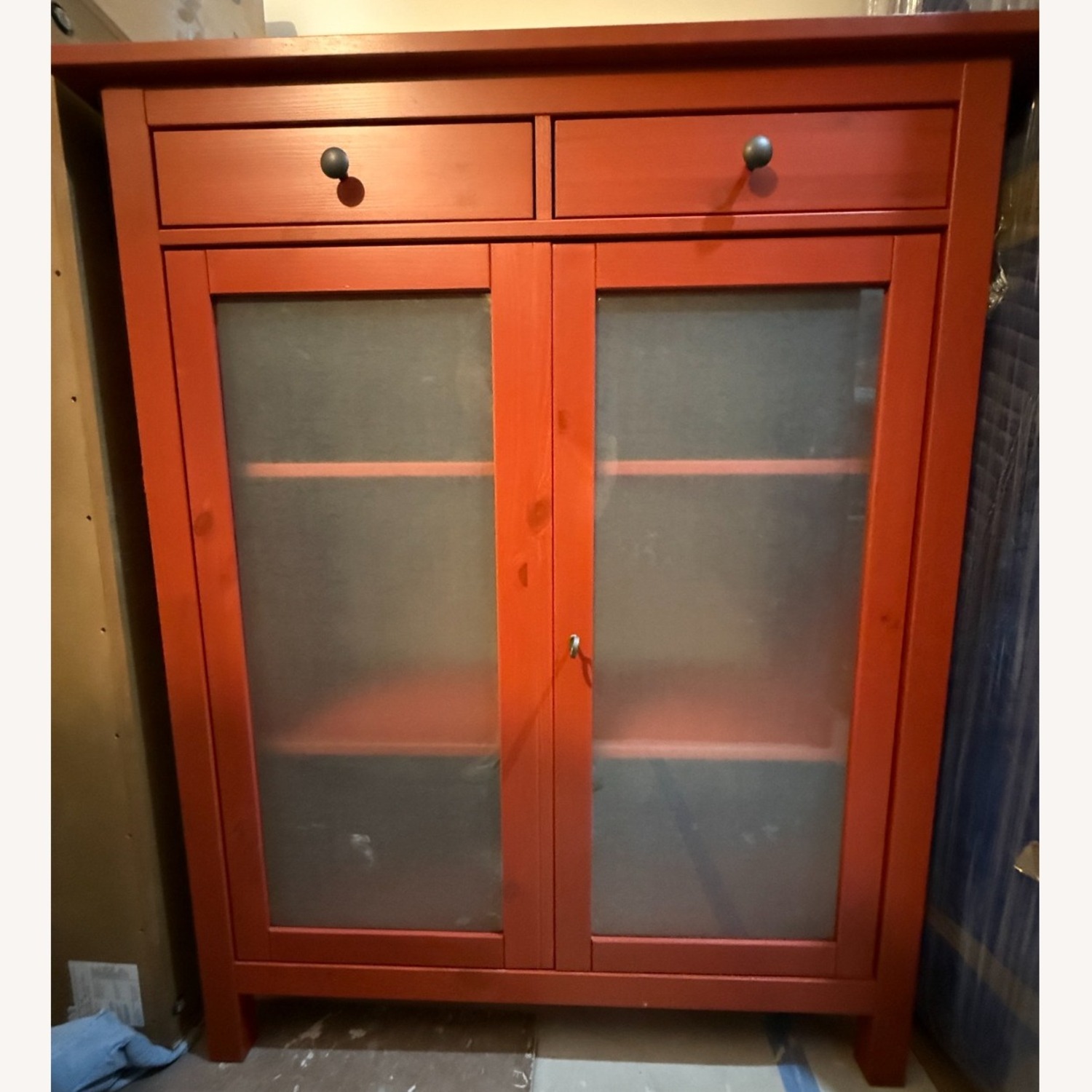 IKEA Hemnes Red Linen Cabinet W Glass Doors - image-1