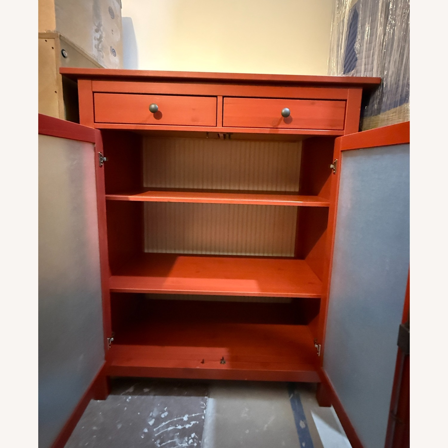 IKEA Hemnes Red Linen Cabinet W Glass Doors - image-2