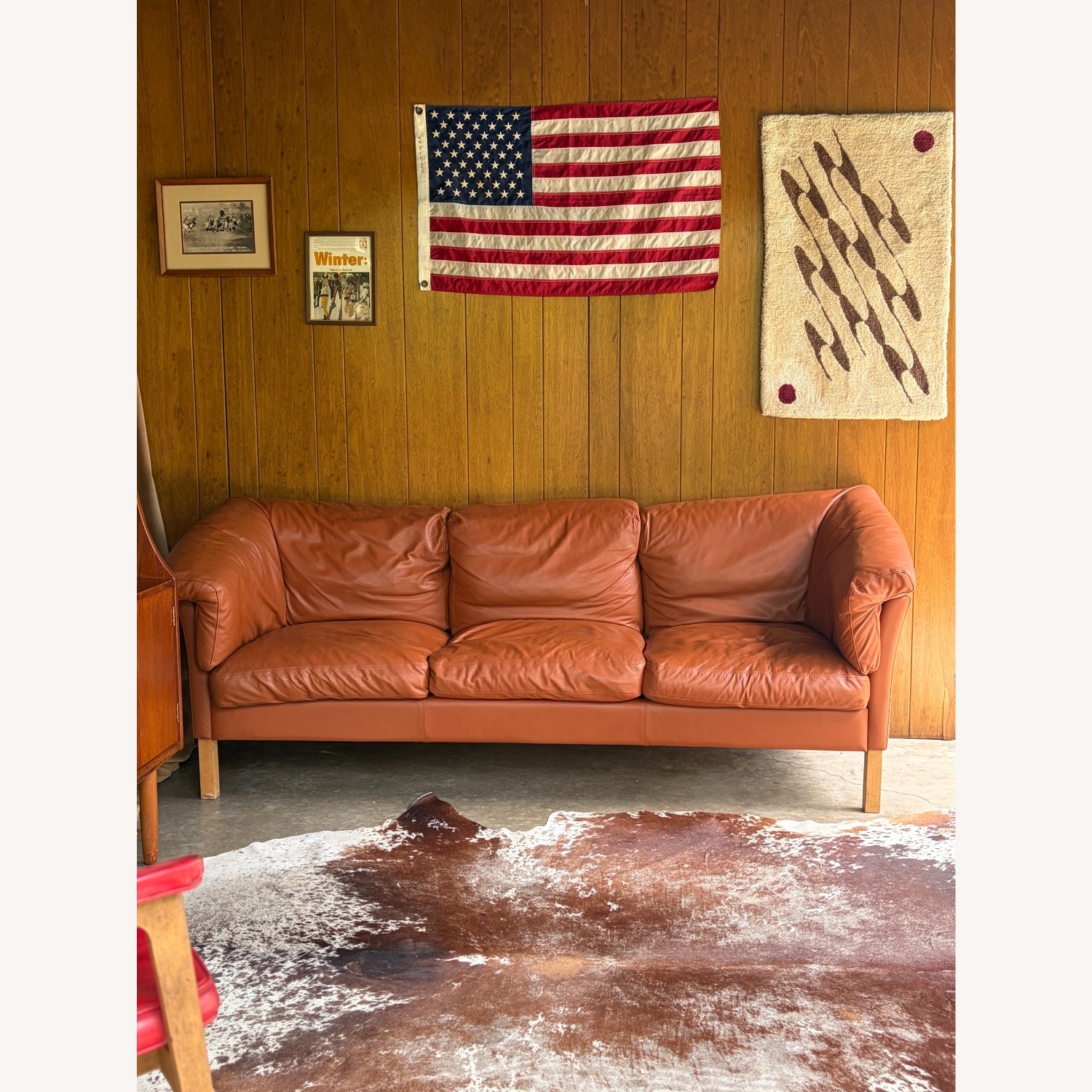 Vintage/Antique Orange Leather 3+ Seater Sofa - image-2